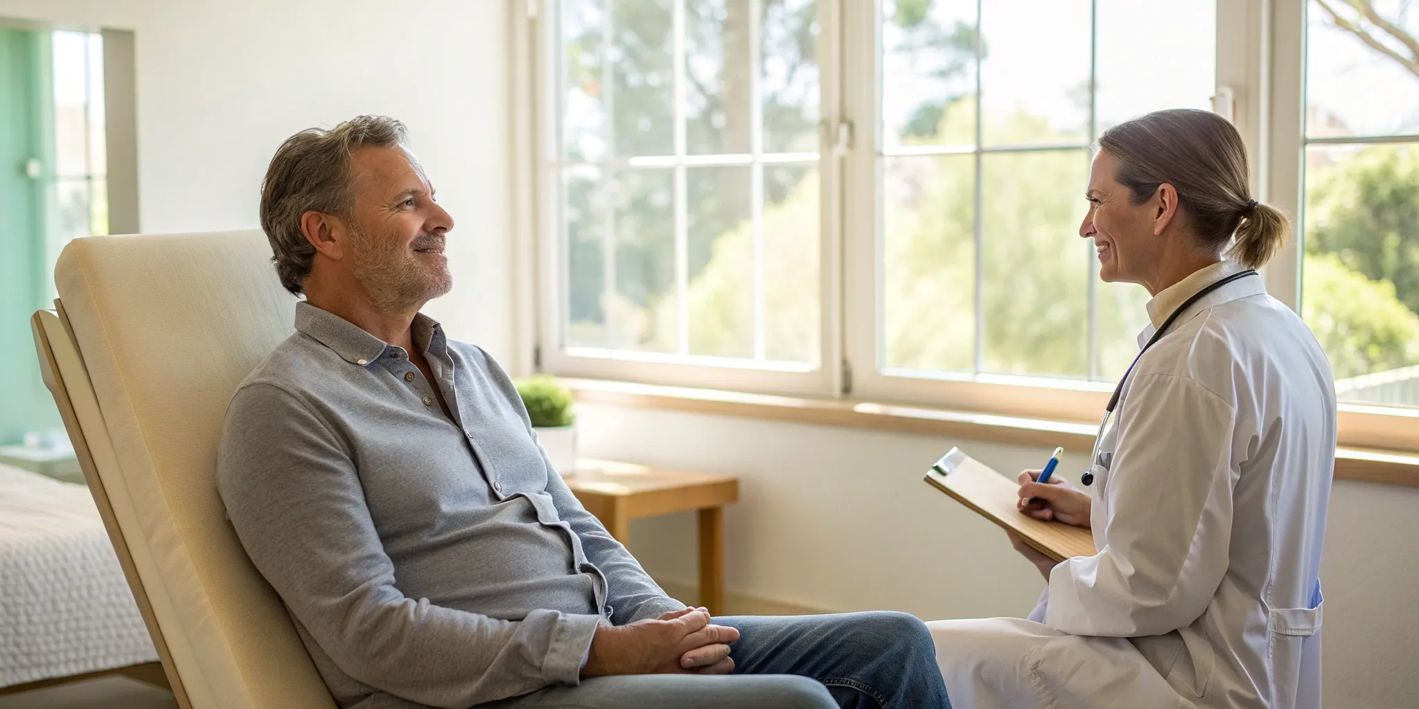 mens-low-t-clinic-guide-find-the-right-fit-for-you Man discussing low T treatment with doctor.