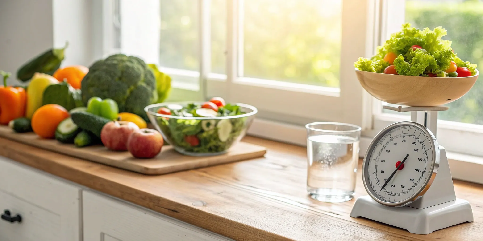 Healthy foods and scale for weight loss management.