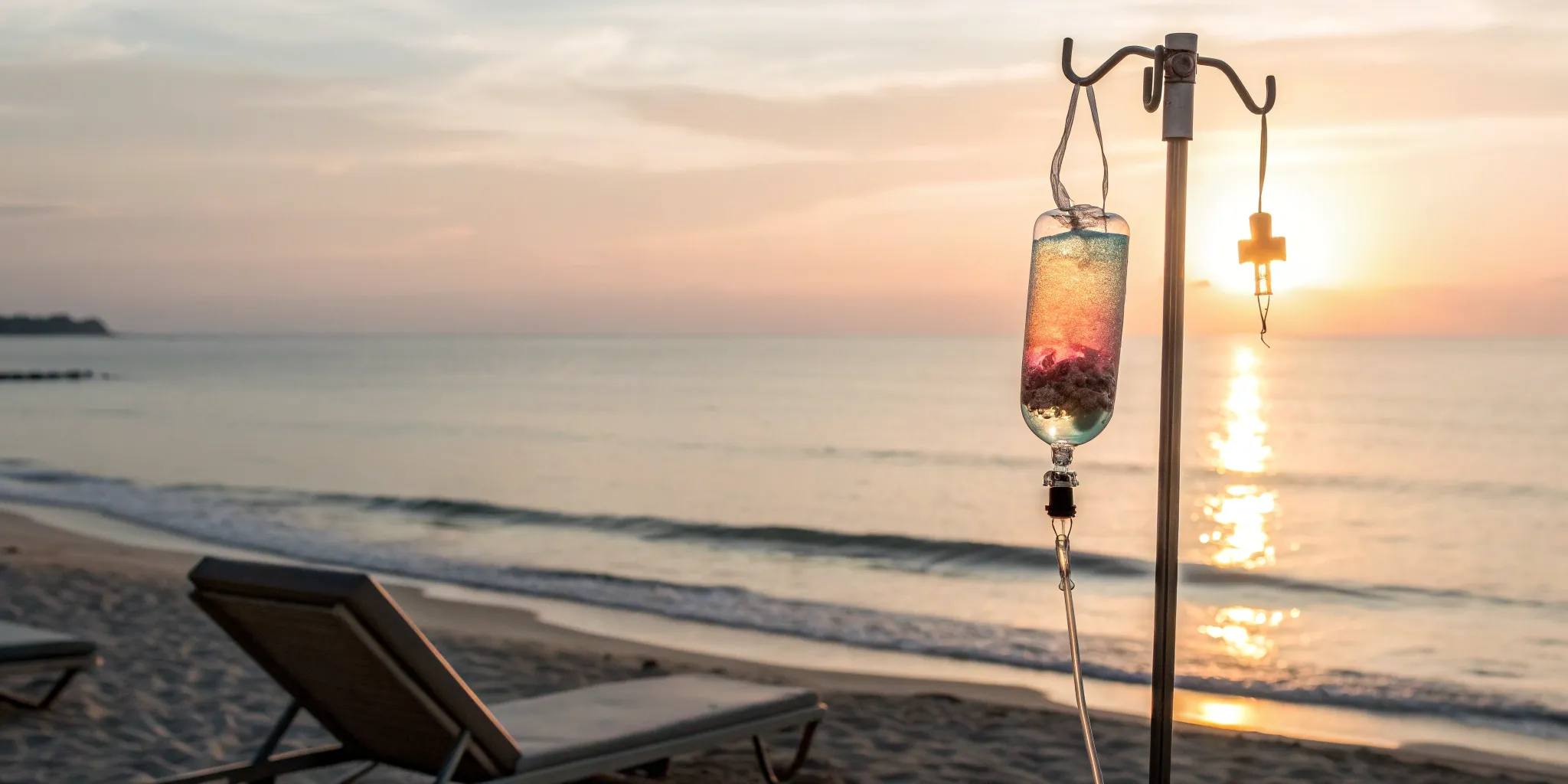 5-best-florida-iv-therapy-providers-to-try IV therapy drip for wellness and hydration on a Florida beach at sunset.