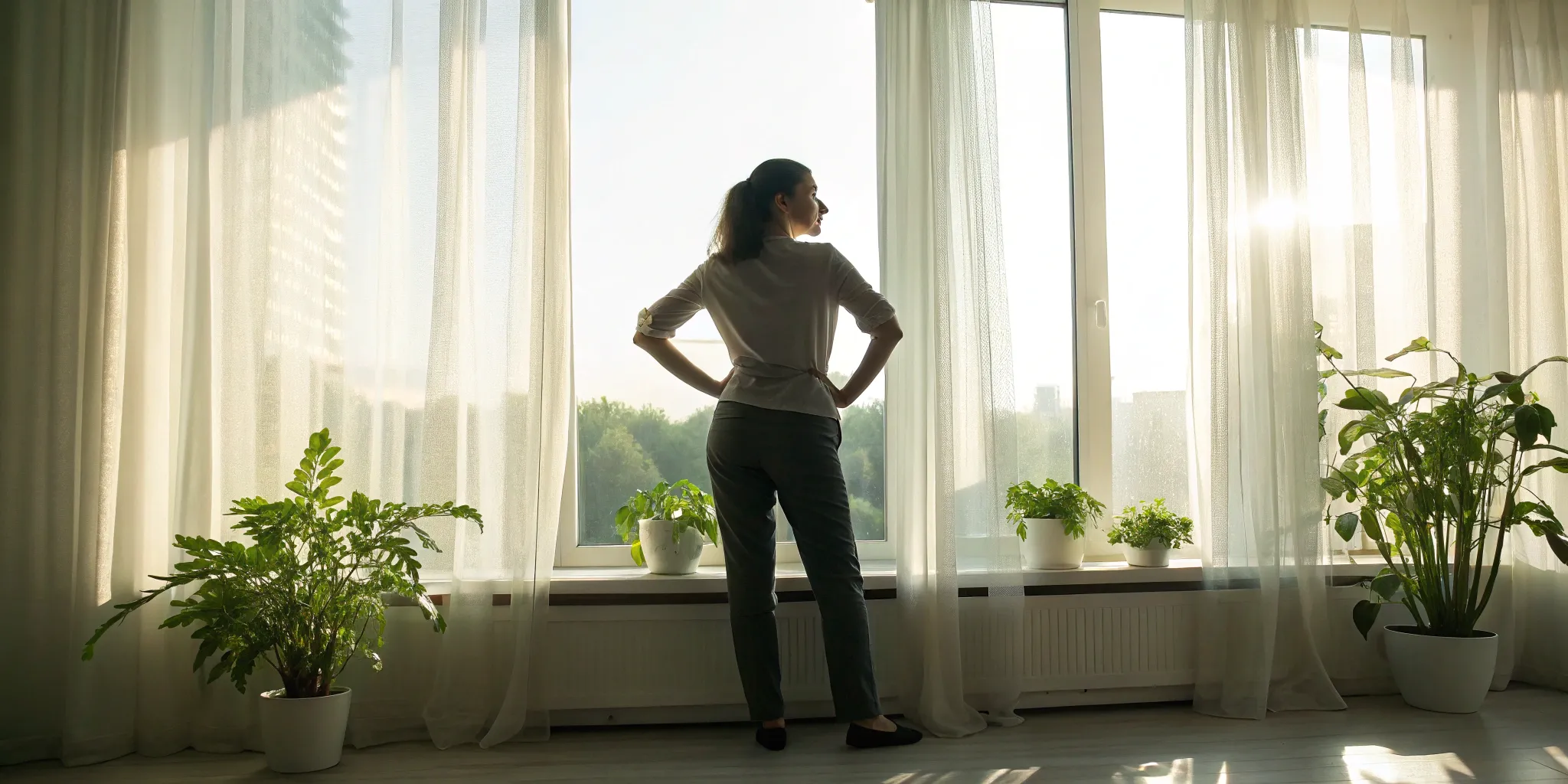 Woman looking thoughtfully out a window, planning her approach to perimenopause treatment.