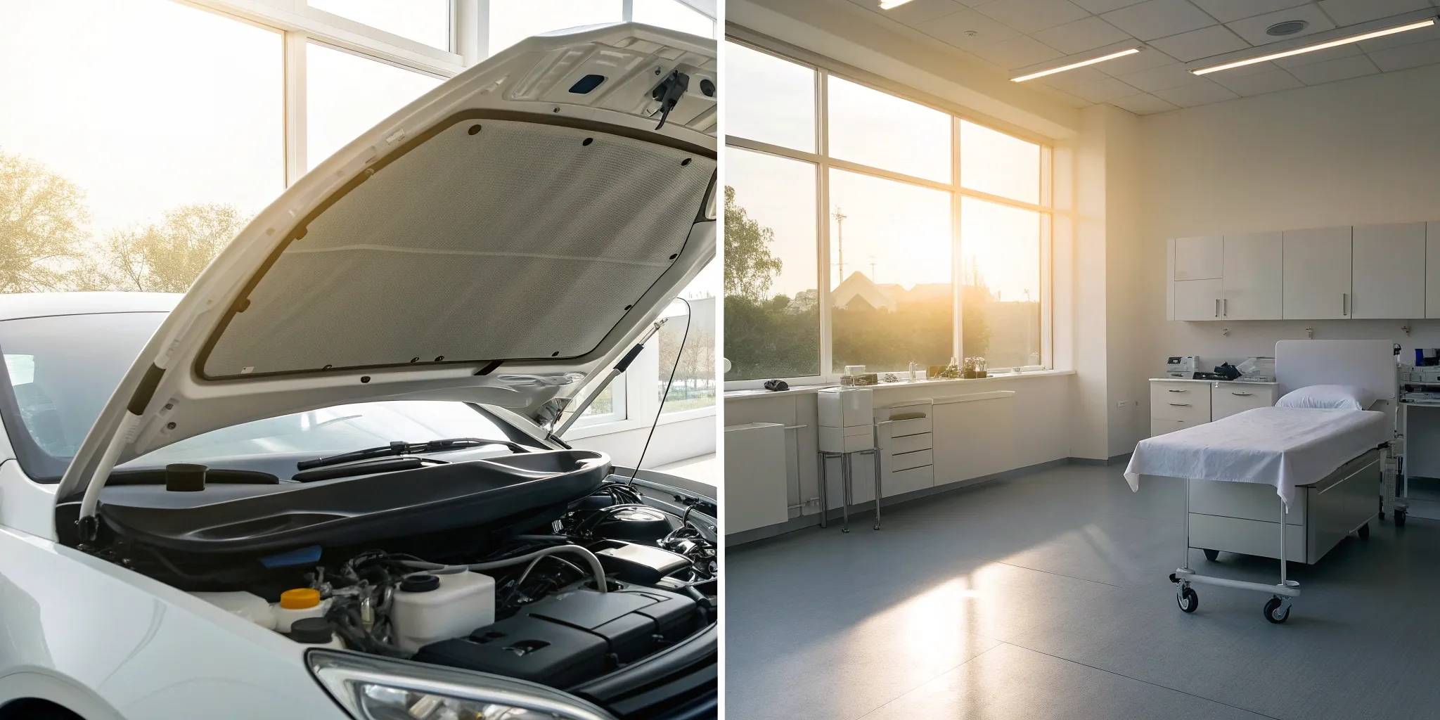 Side-by-side comparison of advanced diagnostics for a car engine and a modern medical exam room.