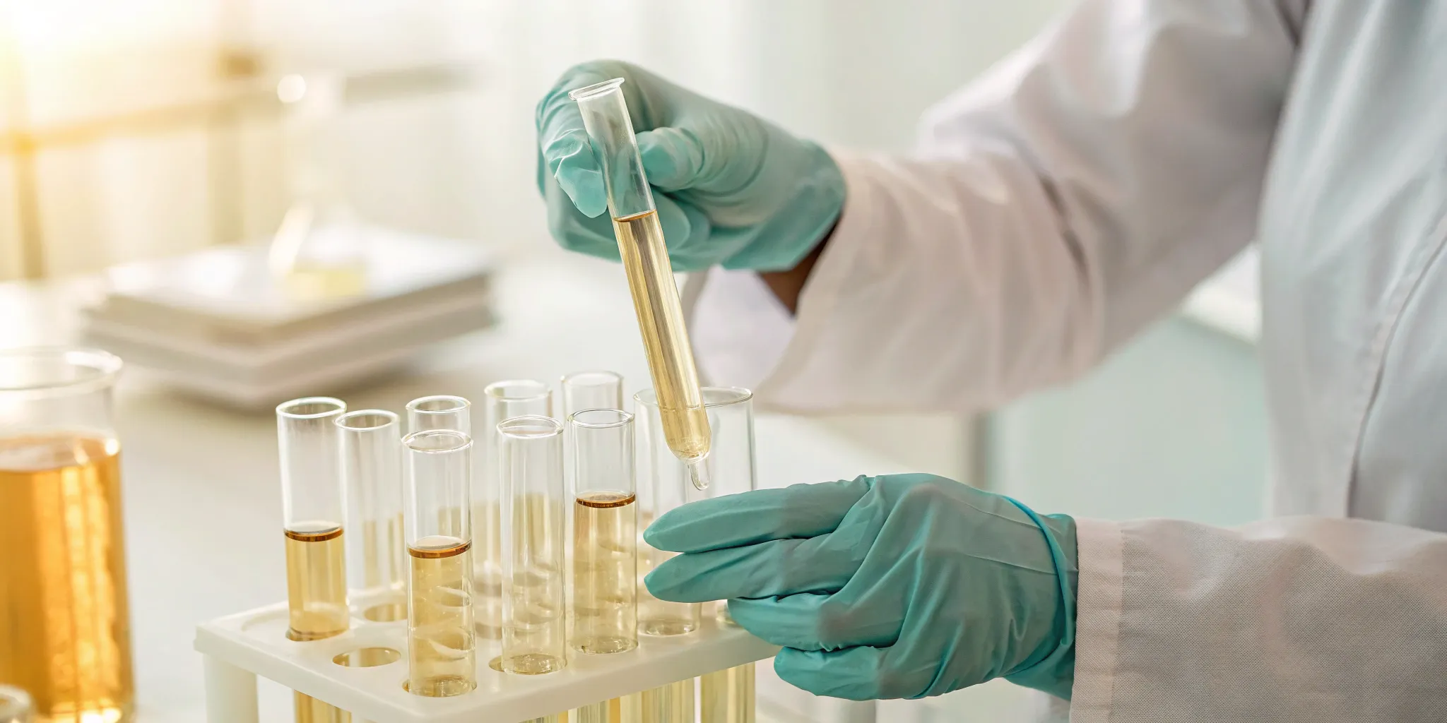 Lab technician preparing test tubes for a hormone panel test.