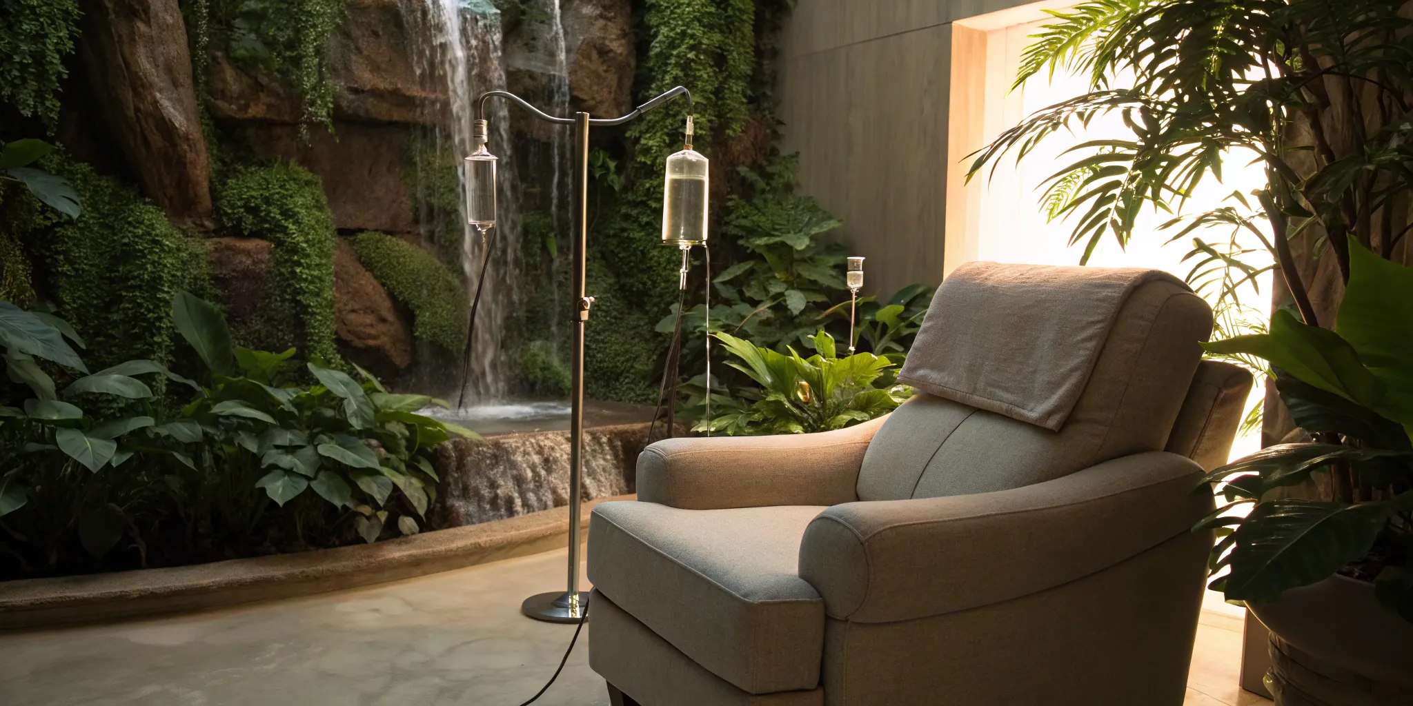 A person relaxing in a chair while receiving IV vitamin therapy at a modern wellness clinic.