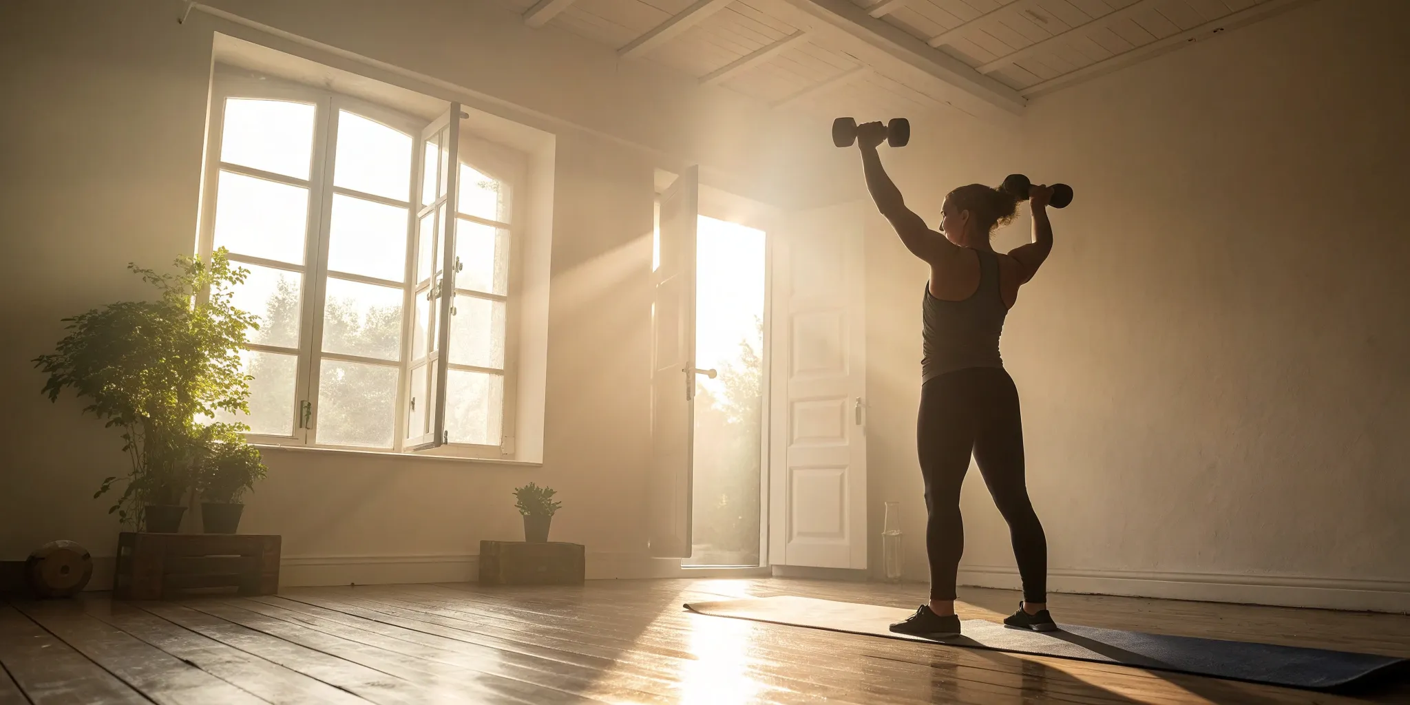 Woman using dumbbells. Peptides for fat loss.