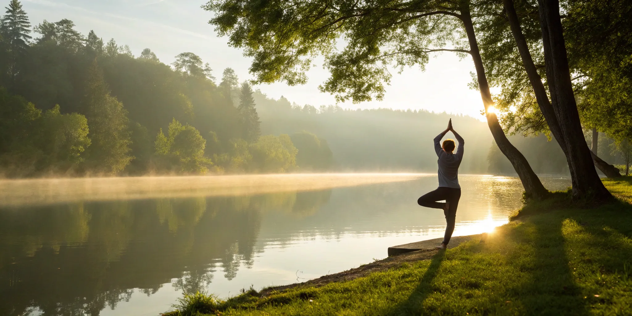 Sunrise yoga by a lake for stress relief and hormonal optimization.