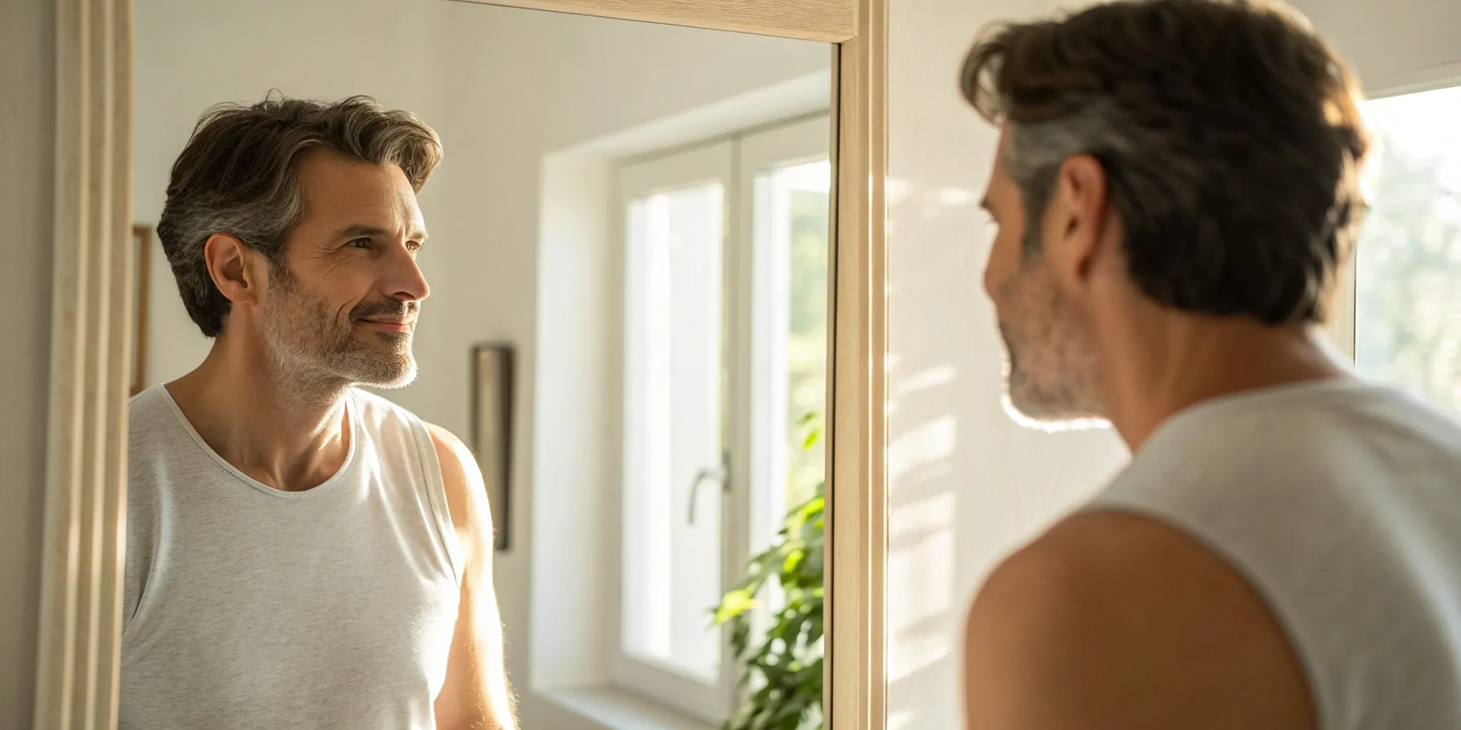 Man contemplating his reflection, concerned about low T symptoms.