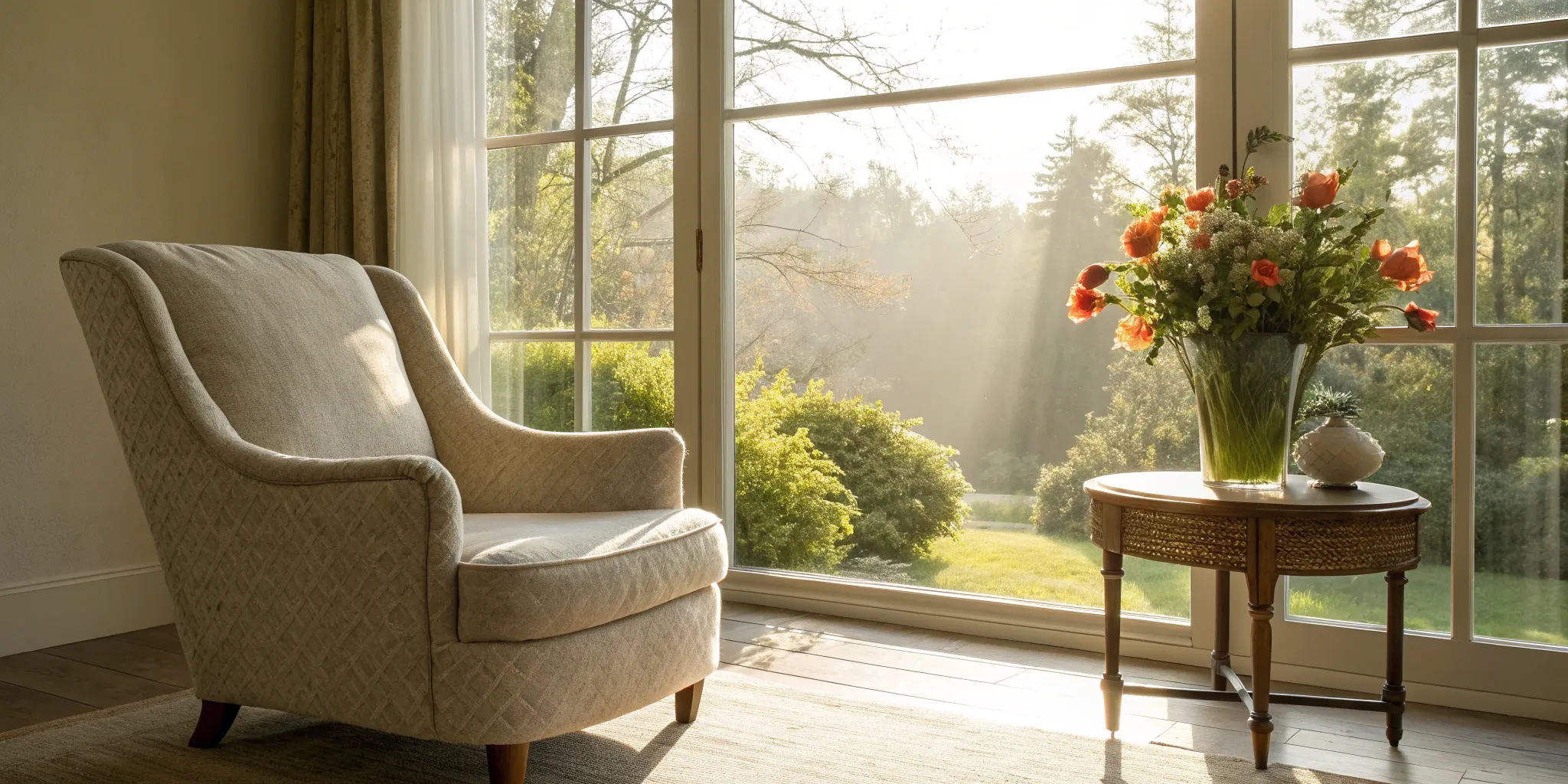 A comfortable armchair and flowers in a bright room at a modern vitality clinic.