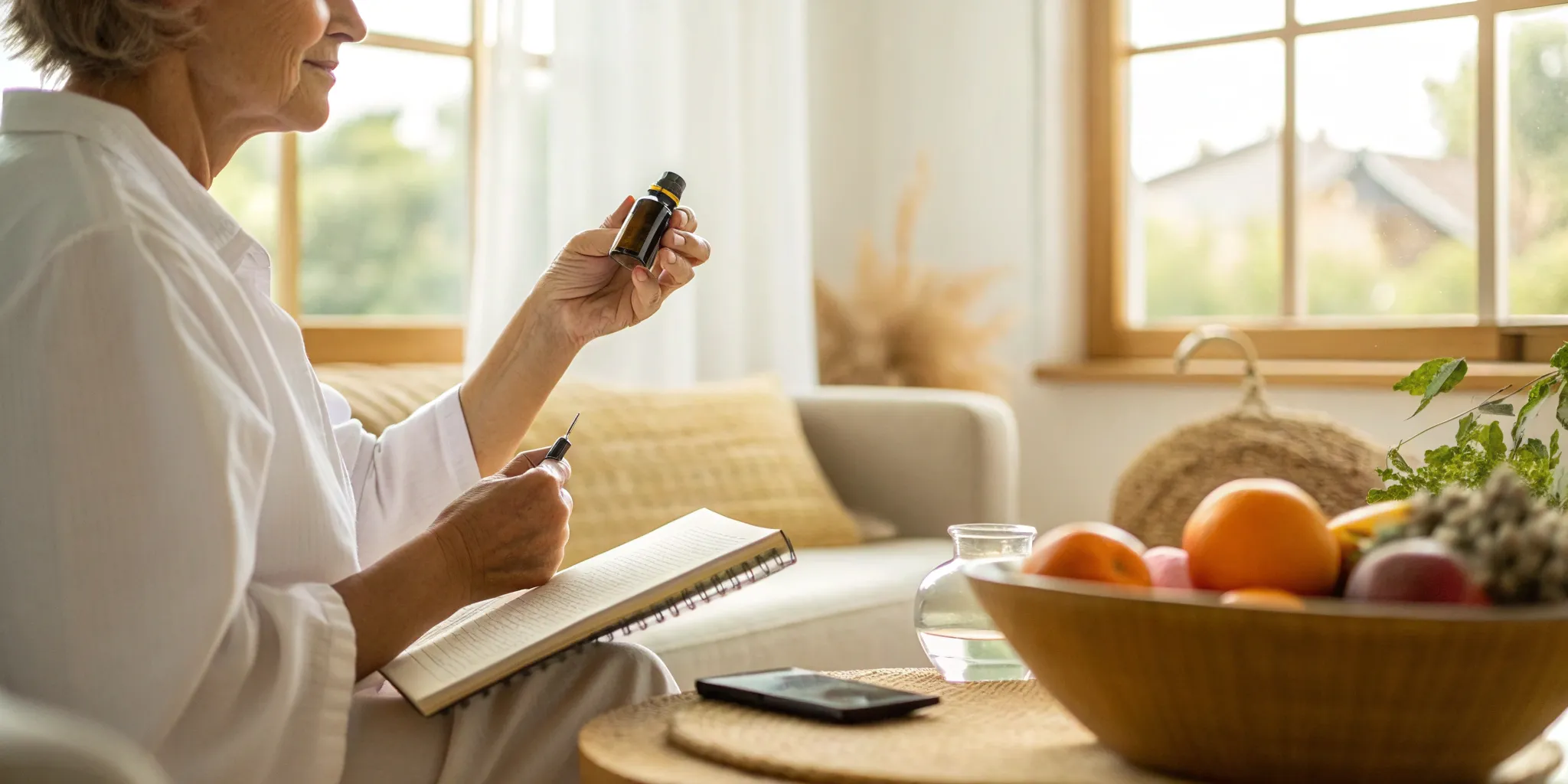 what-is-peptide-therapy-a-complete-guide Older woman planning her peptide therapy treatment with a dropper and notebook.