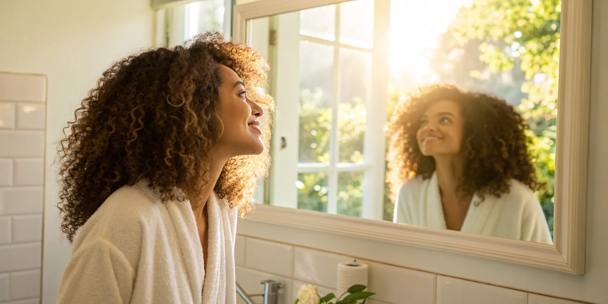 hormonal-hair-loss-treatment-what-really-works A woman with healthy hair smiles at her reflection, happy with her hormonal hair loss treatment results.