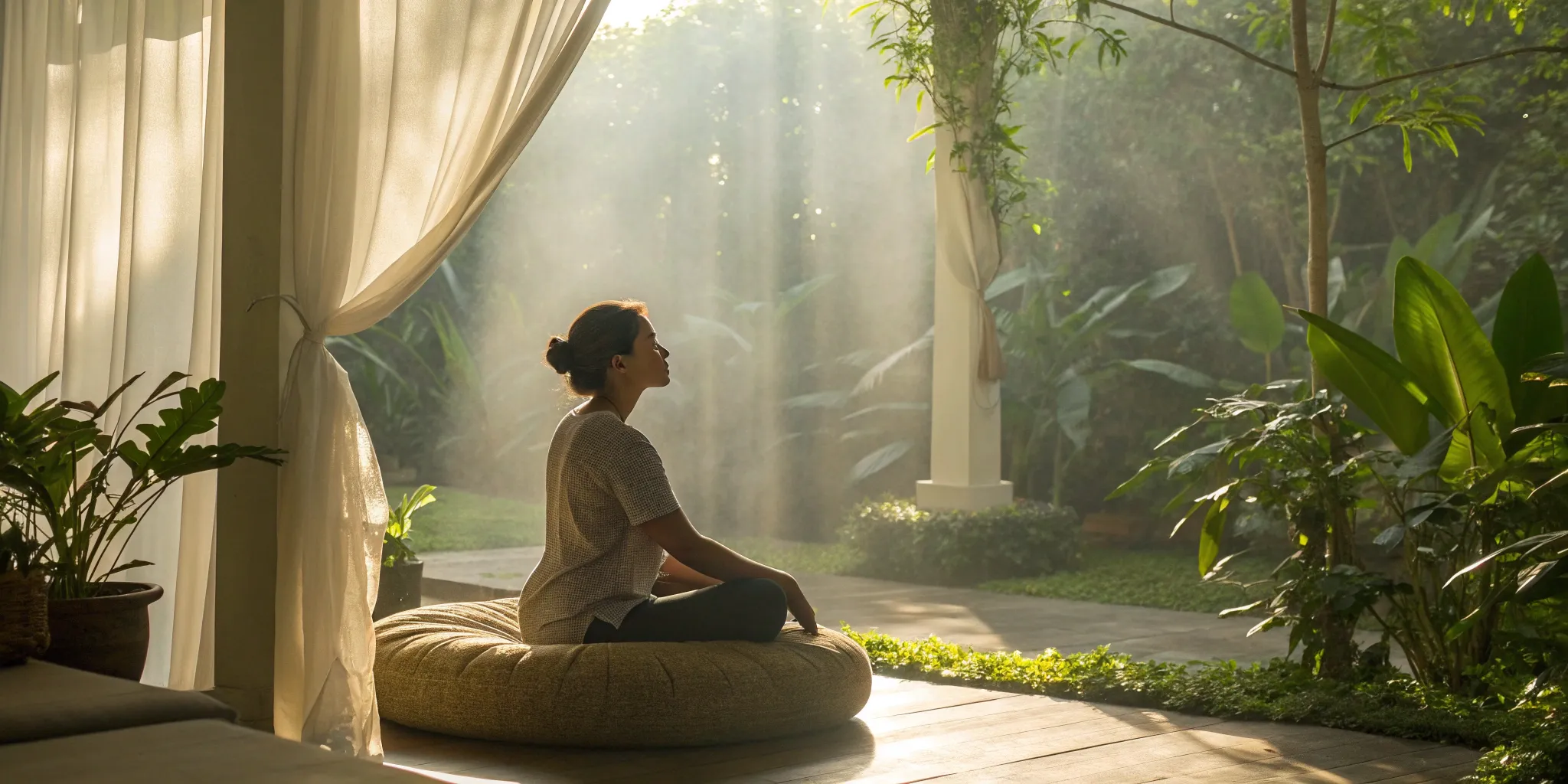 A woman practices meditation as a natural treatment for hormone balance.