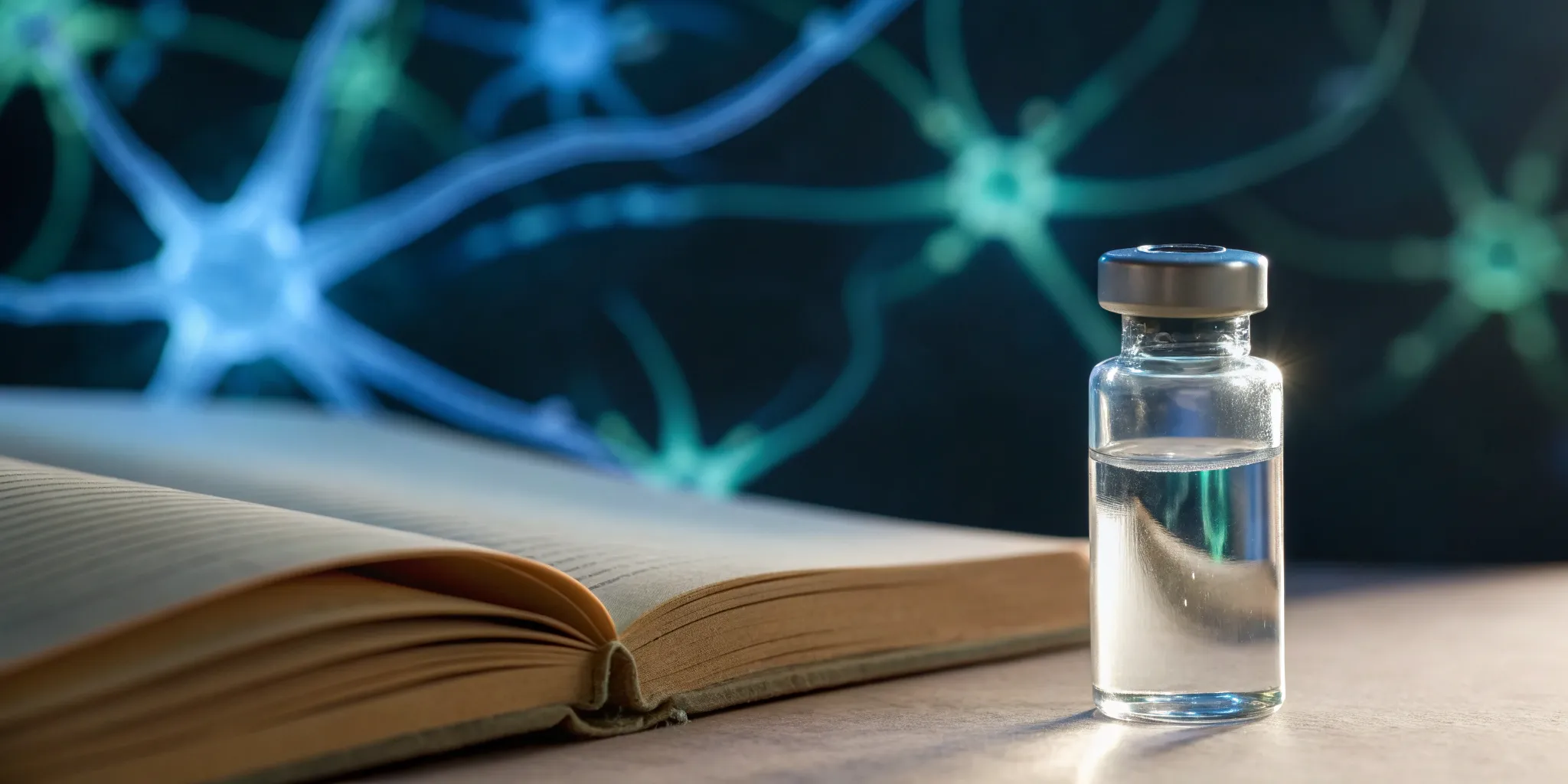 Vial of peptides for cognition with an open book and neural network background.