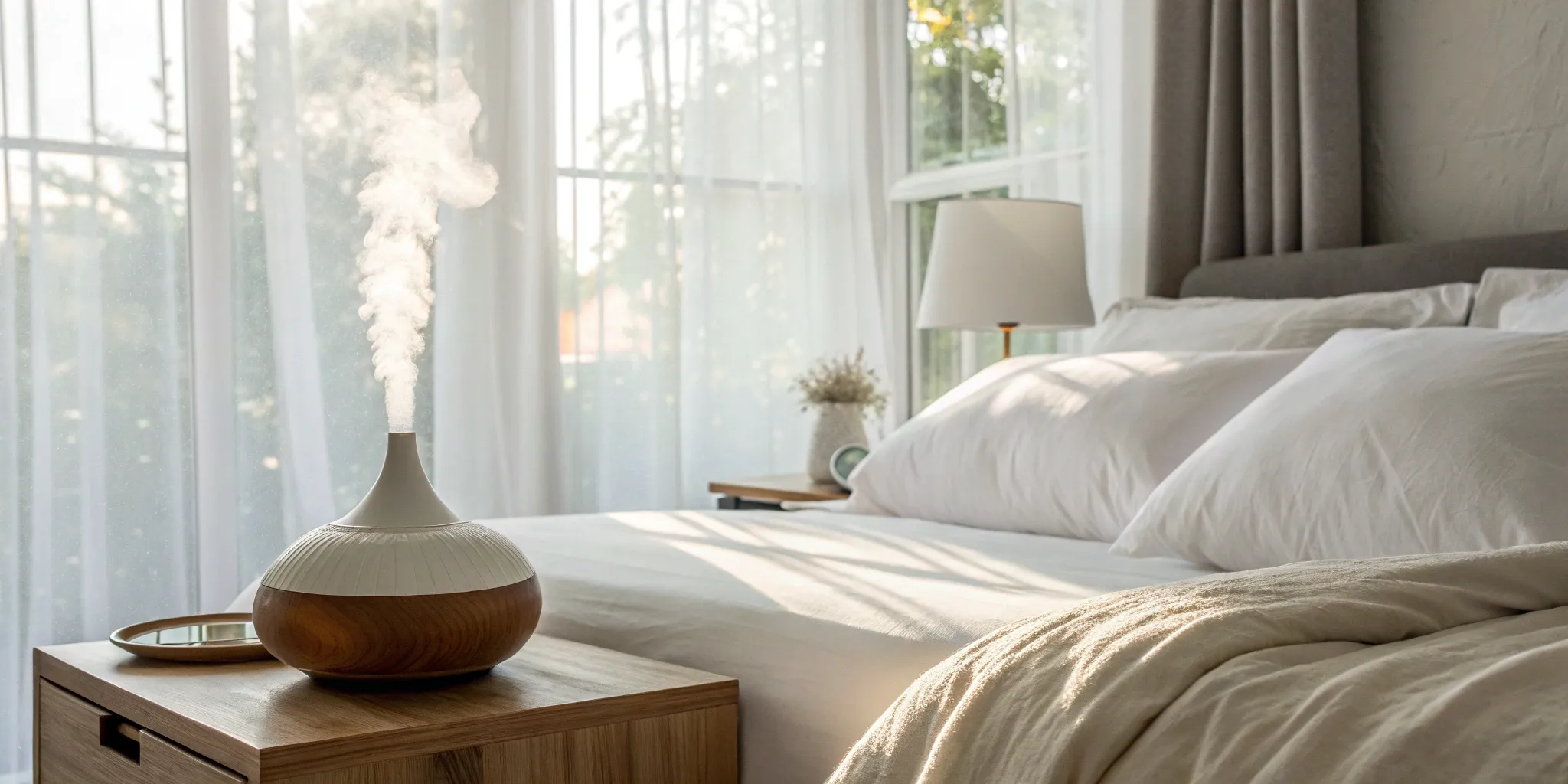 how-sleep-and-hormones-impact-your-health A bedside humidifier creating a restful environment to improve sleep and balance hormones.