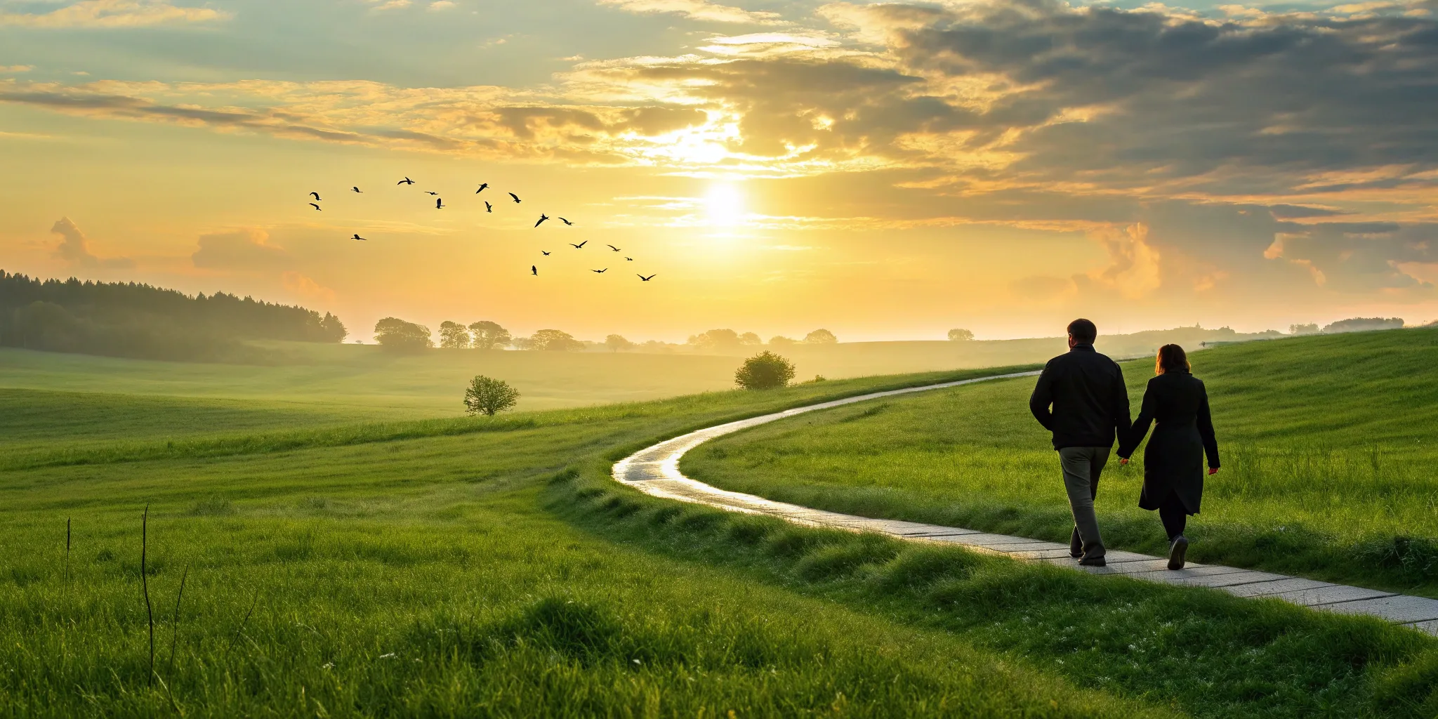 longevity-clinic-101-your-complete-guide Couple walking in a field at sunrise, enjoying a healthier future with a longevity clinic.