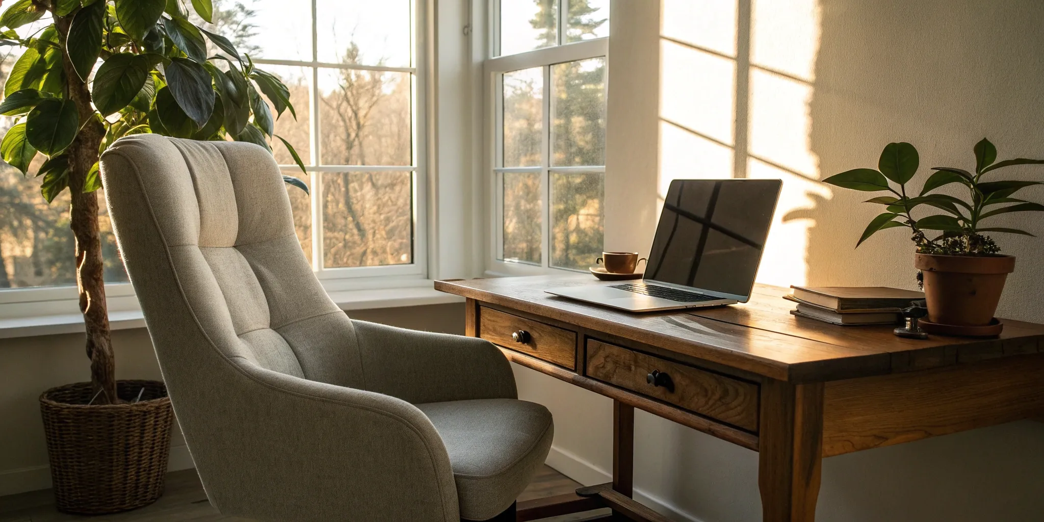 Home office setup with a laptop for a virtual health clinic consultation.