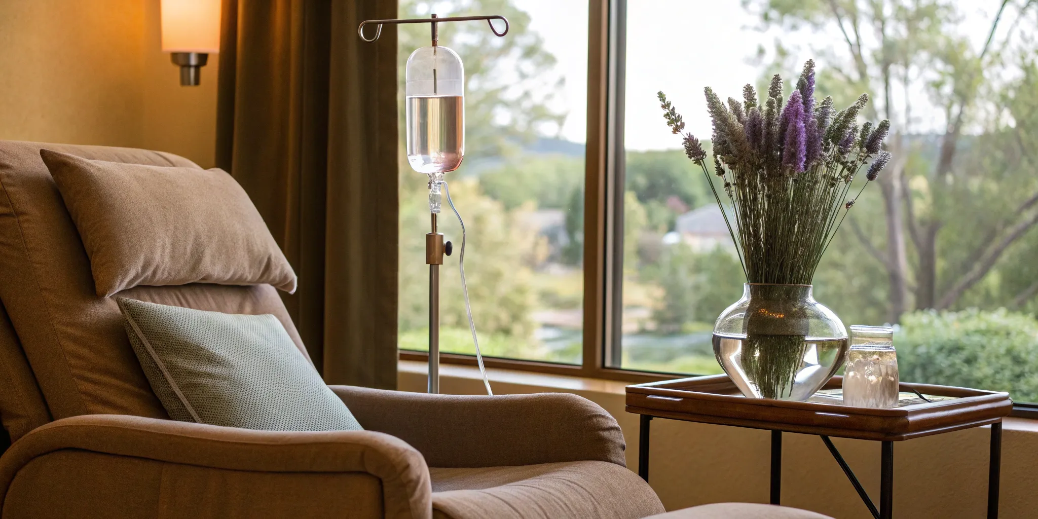 A person relaxing in a chair while receiving a vitamin IV therapy drip in a calm setting.