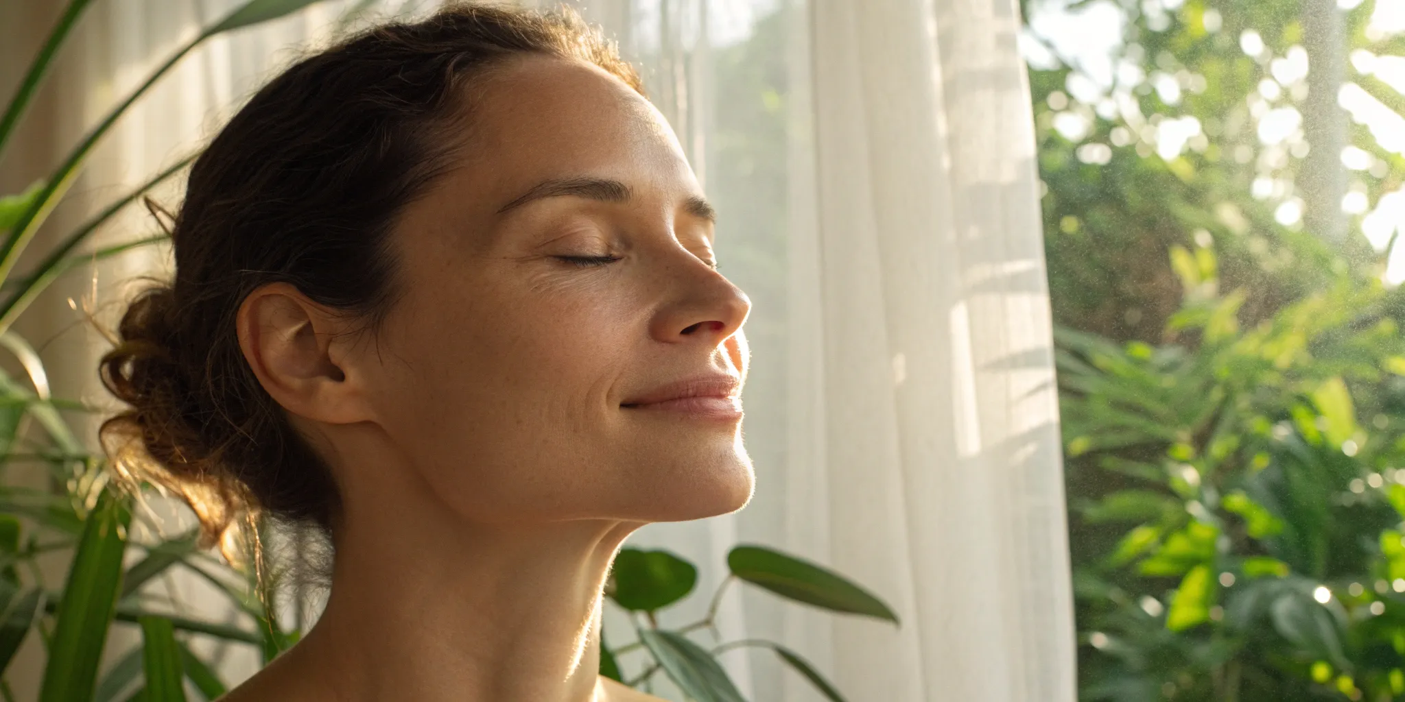 Woman by a window with smooth, youthful skin from an anti-aging peptides routine.