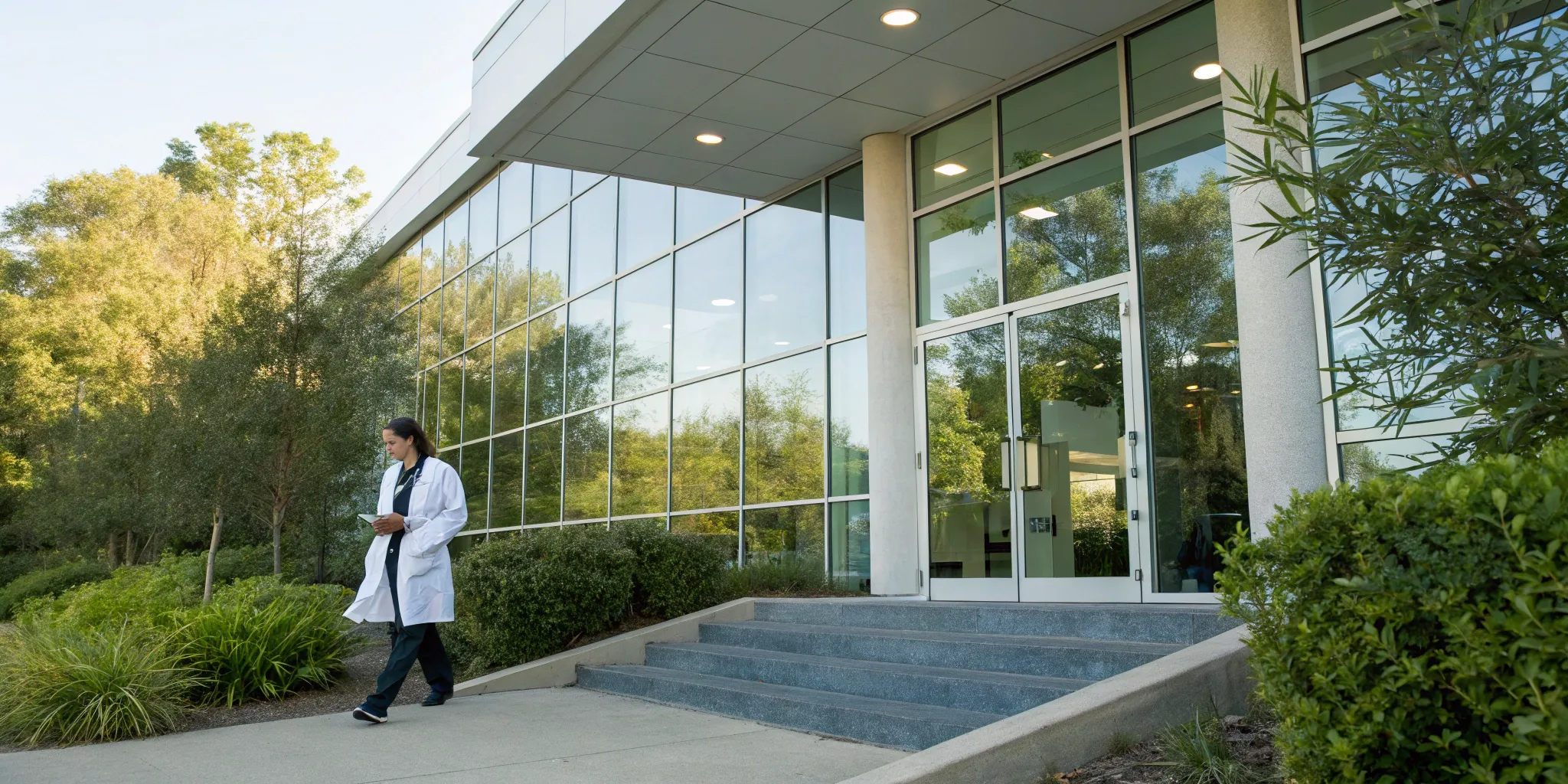 Doctor in a white coat outside a modern TRT clinic near me.
