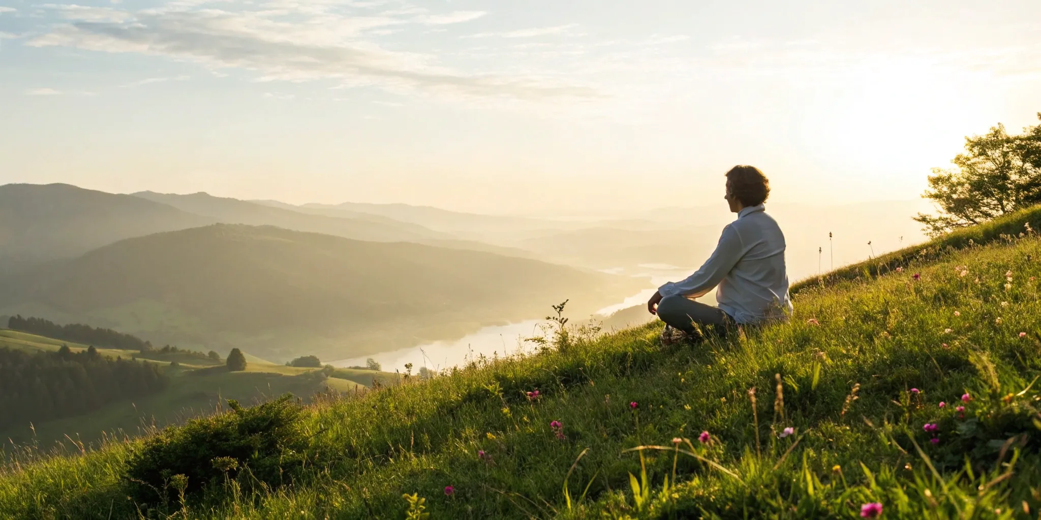 Man meditating at sunrise, achieving holistic wellness and vitality with VidaVital Medical.