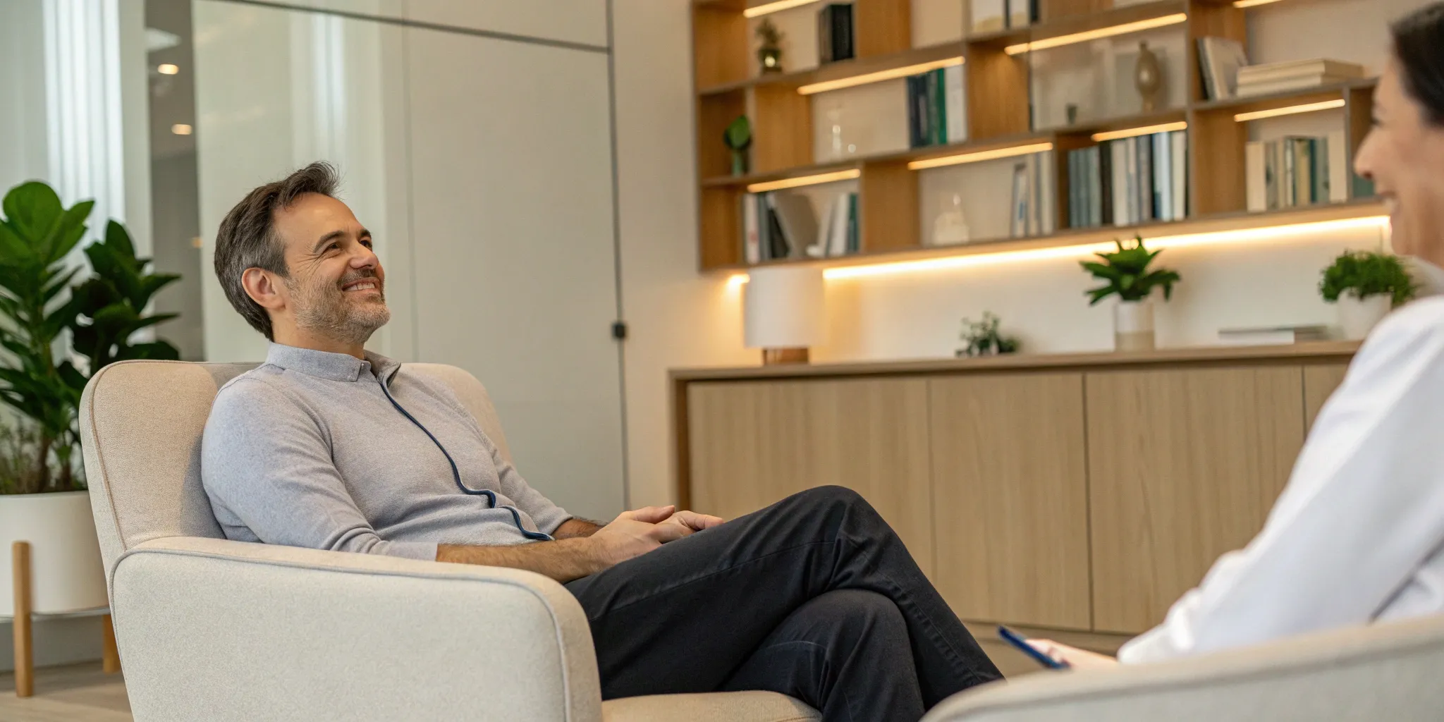 Man smiling during a consultation with a doctor at a men's health clinic.