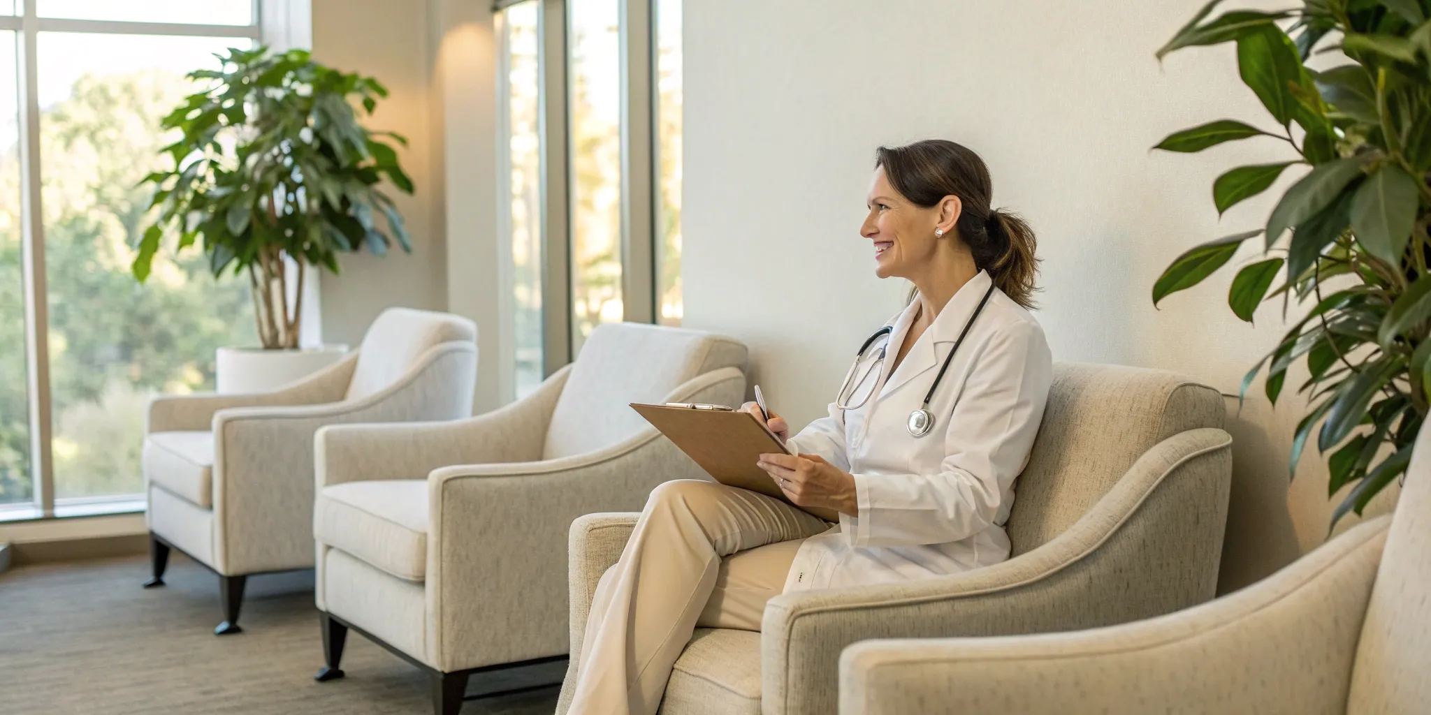 A friendly doctor at a sexual health clinic prepares for a confidential patient visit.