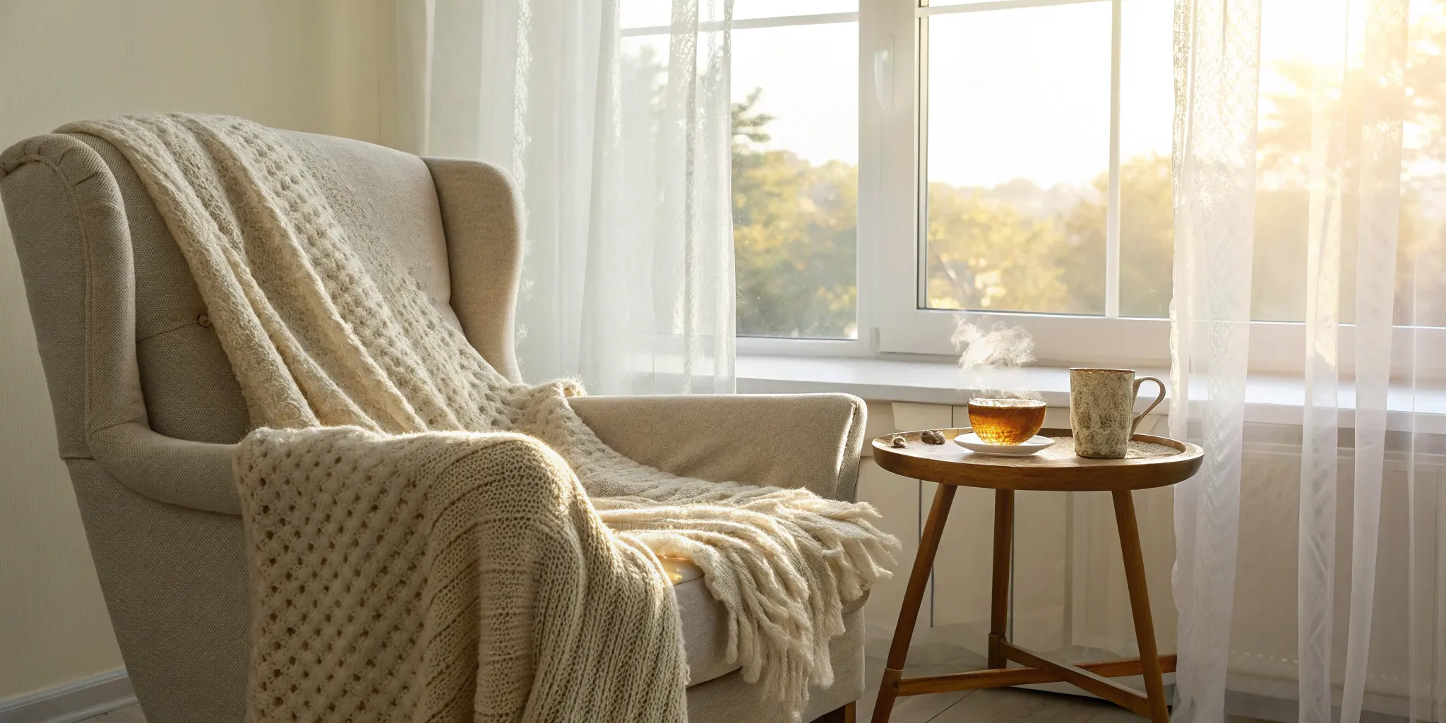 find-the-right-hot-flashes-treatment-for-you-236254 A cozy chair and tea by a sunny window, a calm setting for hot flashes treatment.