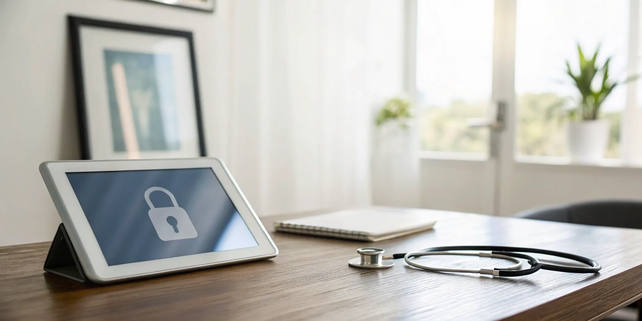 hipaa-compliant-telehealth-core-requirements-443567 A secure, HIPAA-compliant telehealth setup with a tablet, lock icon, stethoscope, and notebook on a desk.