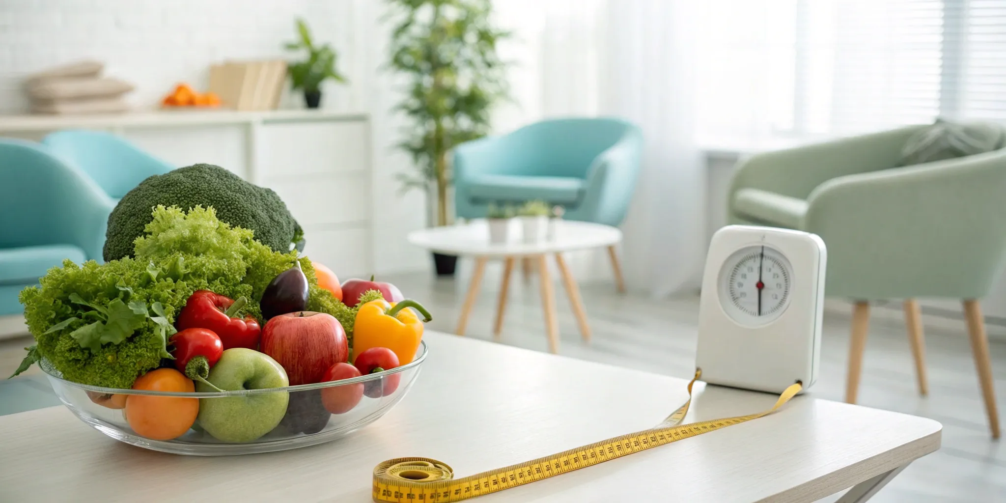 how-peptide-therapy-for-weight-loss-really-works-571960 A scale, measuring tape, and healthy food for a peptide therapy for weight loss plan.