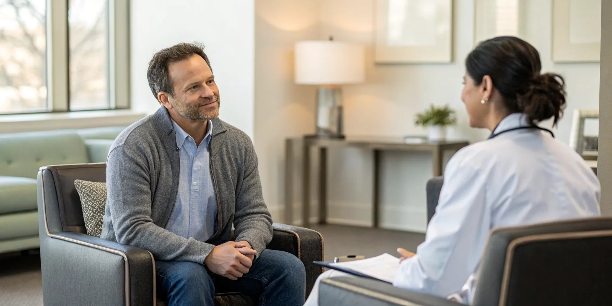 how-to-find-the-right-trt-near-me-provider-232884 Man talking with a doctor during a TRT near me consultation.