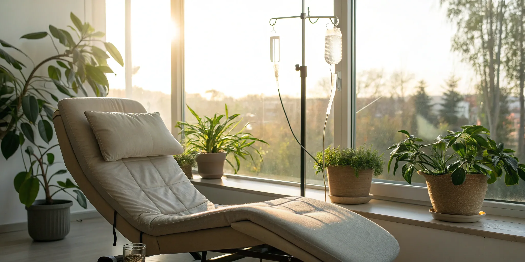 iv-therapy-at-home-everything-you-need-to-know-266292 A relaxing setup for at-home IV therapy, with a drip stand next to a comfortable chair.