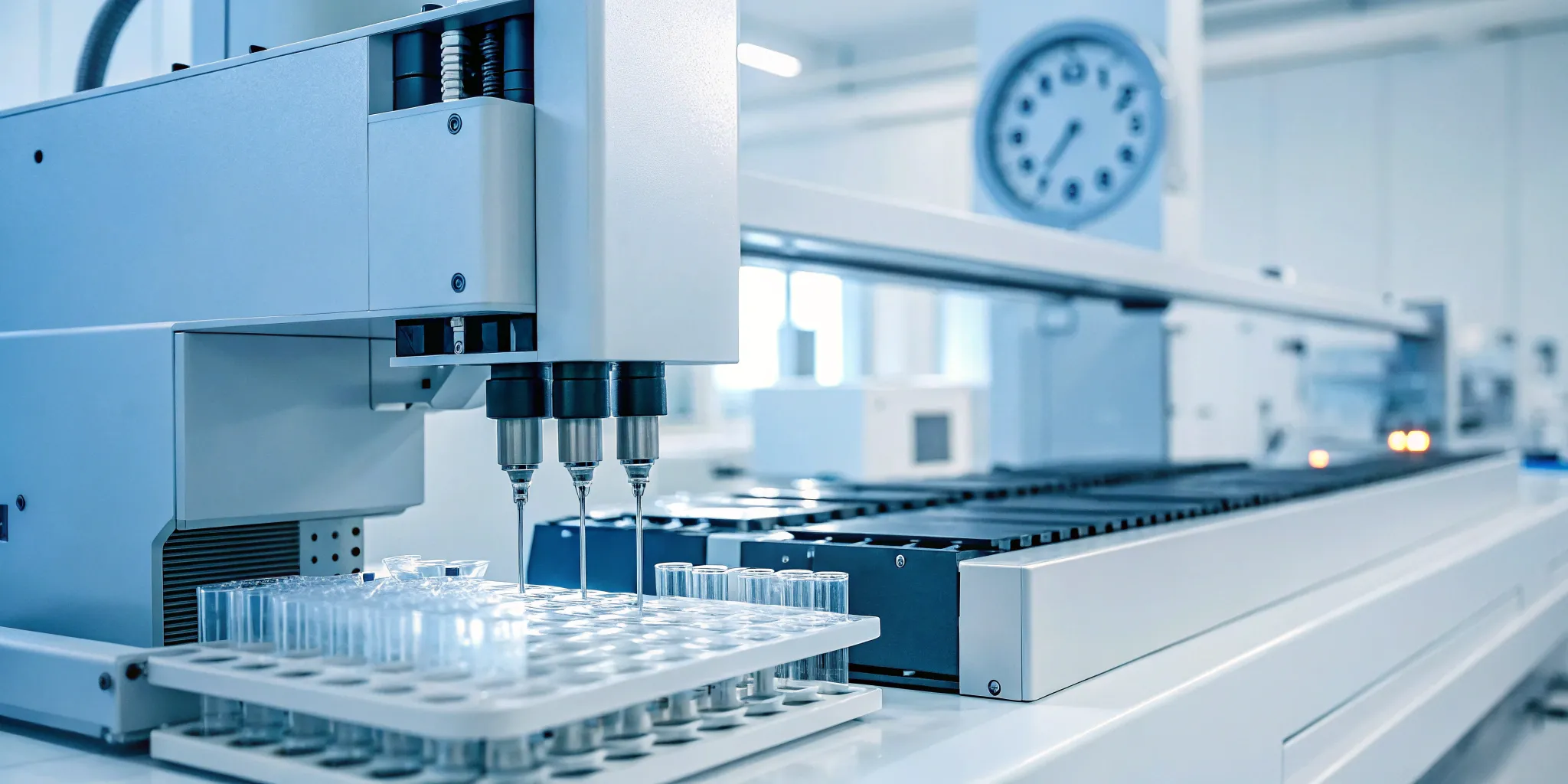 the-essential-guide-to-same-day-lab-results-861816 Automated lab equipment processing test tubes for same-day lab results.