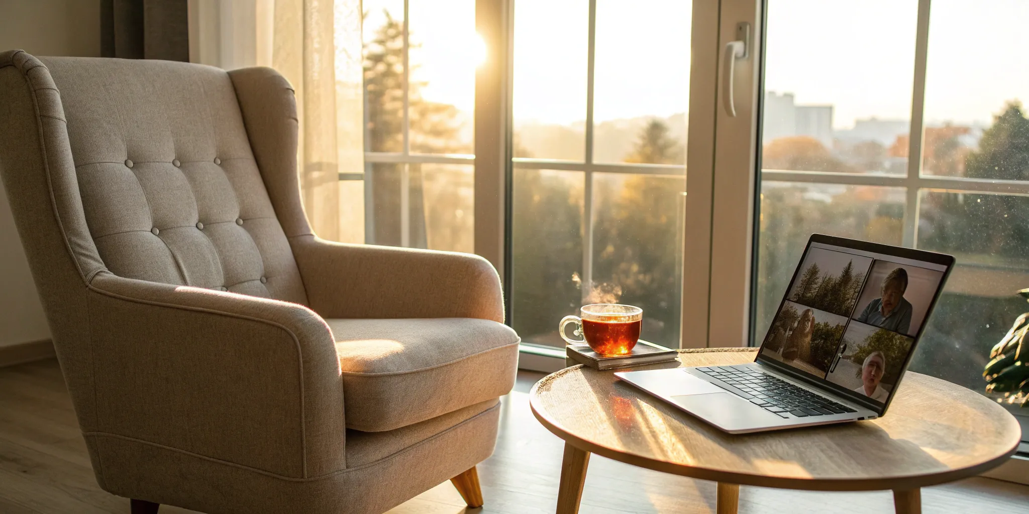 the-honest-pros–cons-of-concierge-telehealth-243902 Laptop on a table during a concierge telehealth consultation in a comfortable home.