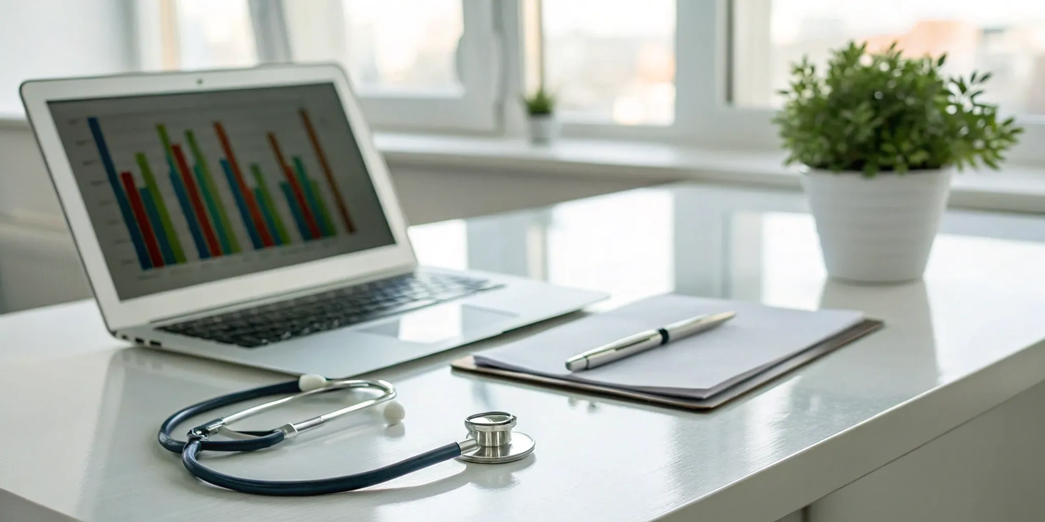 trt-pricing-explained-a-simple-cost-breakdown-904334 Laptop with TRT pricing charts and a stethoscope on a doctor's desk.