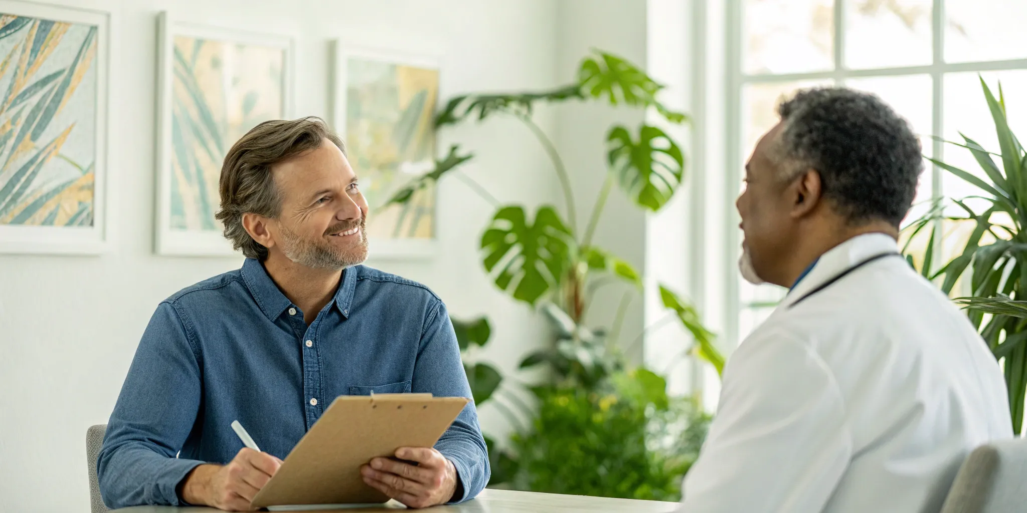 Man consulting with a doctor at a low T clinic about a personalized treatment plan.