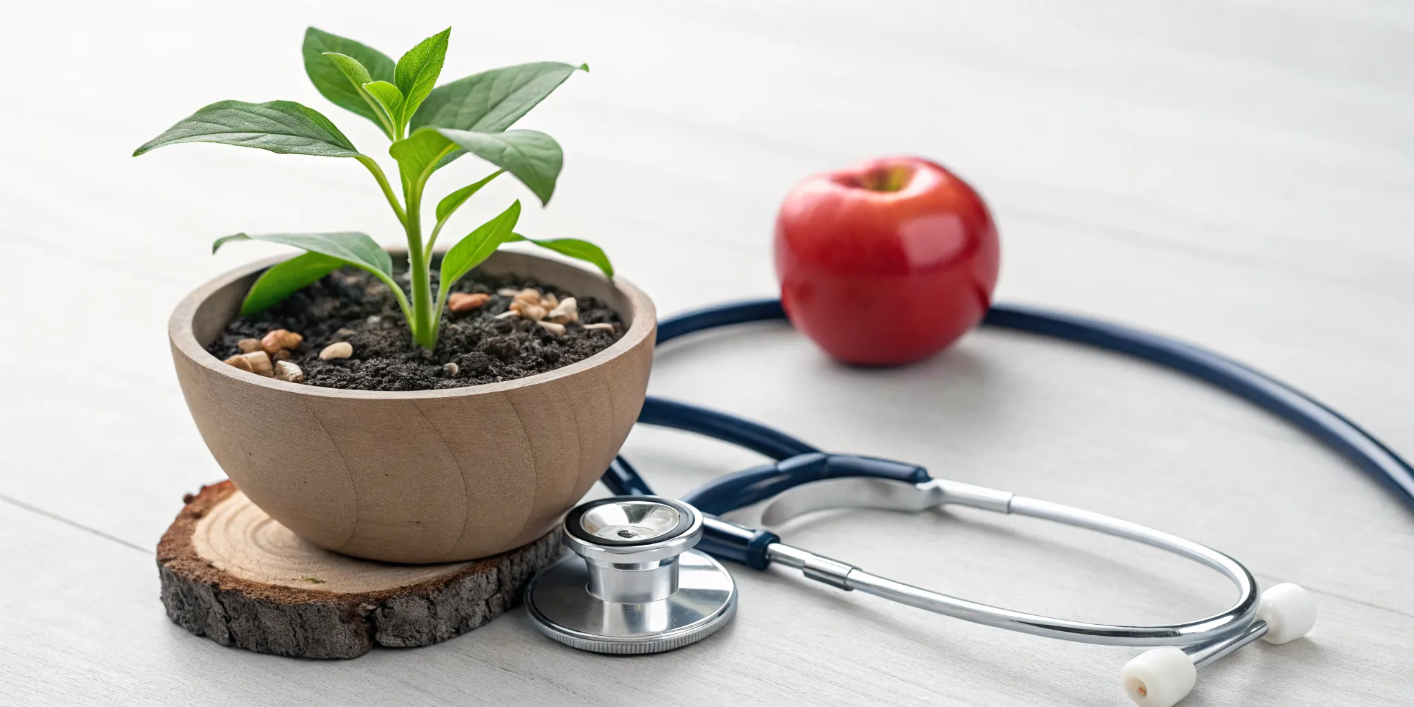 the-top-bhrt-benefits-for-health-and-vitality-552577 Health benefits of BHRT represented by a stethoscope, apple, and plant.
