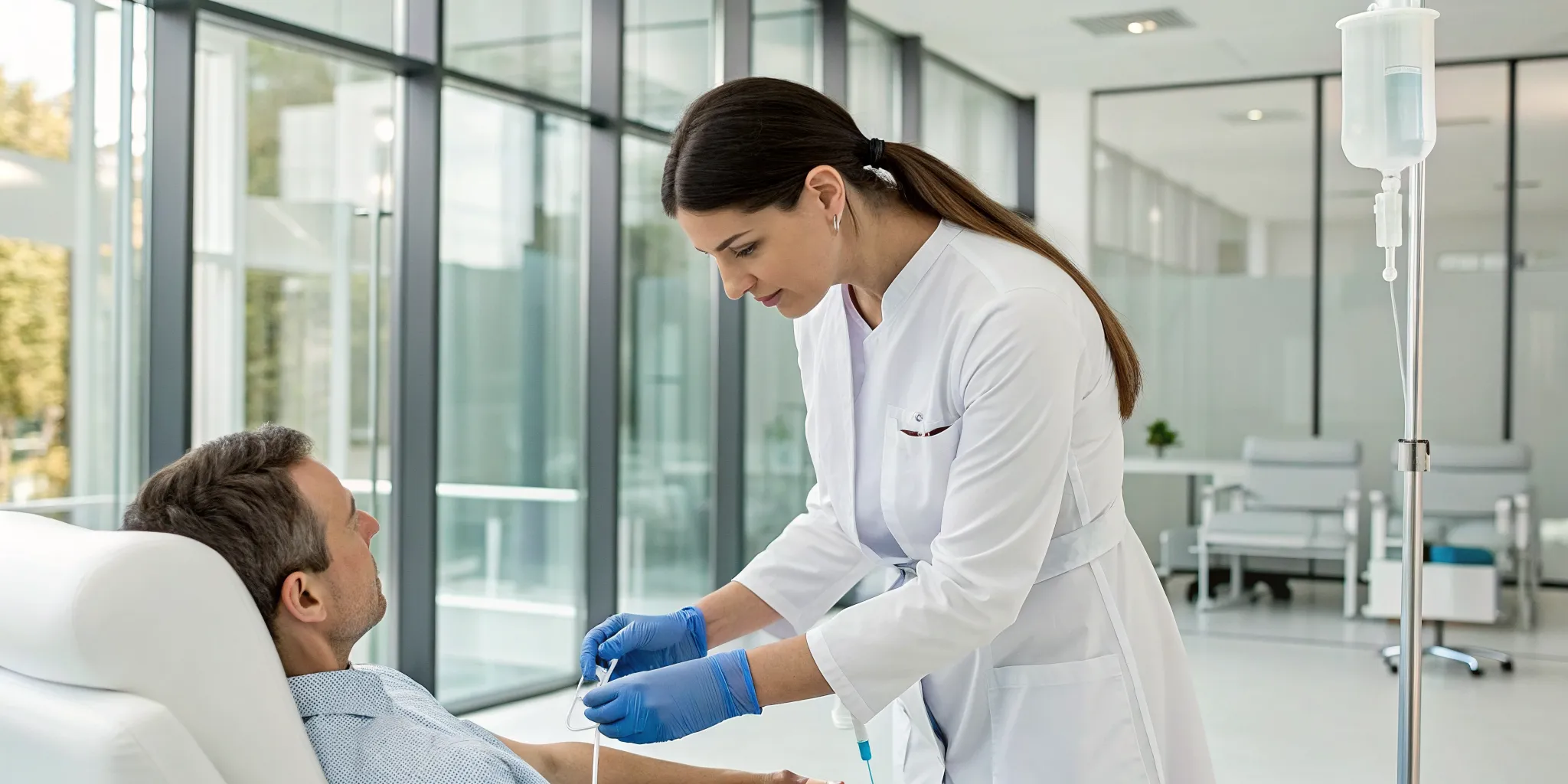 your-guide-to-wellness-iv-therapy-near-me-318371 A nurse administers wellness IV therapy to a patient in a modern clinic near me.