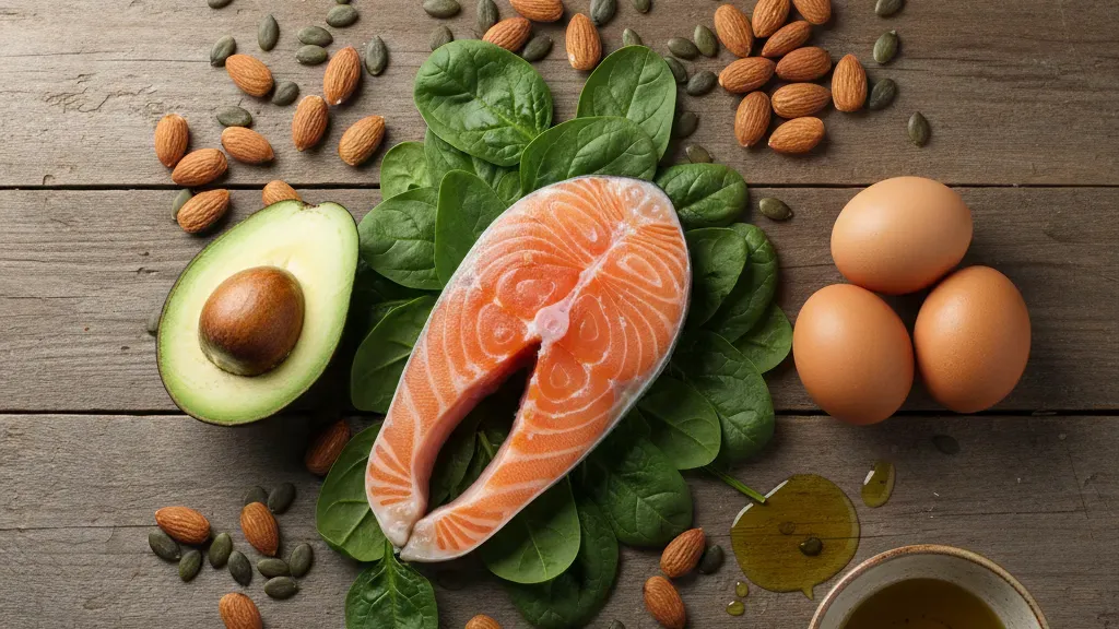how-to-boost-testosterone-naturally-12-evidence-based-methods-886484 Healthy testosterone-boosting foods including salmon, avocado, eggs, almonds, and spinach on a wooden surface