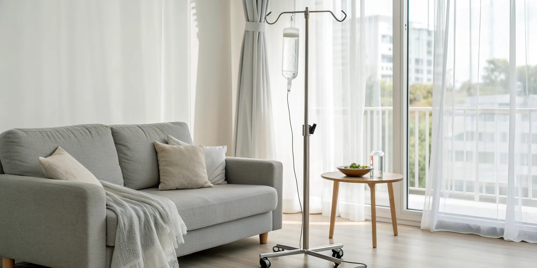 iv-hydration-therapy-at-home-the-ultimate-guide-246253 An at-home IV hydration therapy setup in a comfortable living room.