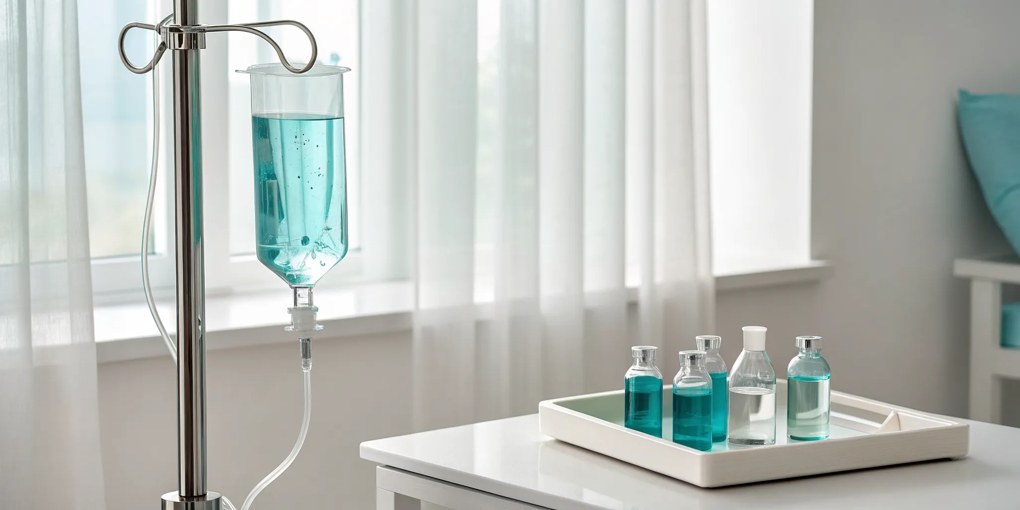 iv-therapy-pricing-a-guide-to-whats-worth-it-246611 IV therapy drip and vials on a clinic table, showing the factors behind IV therapy pricing.