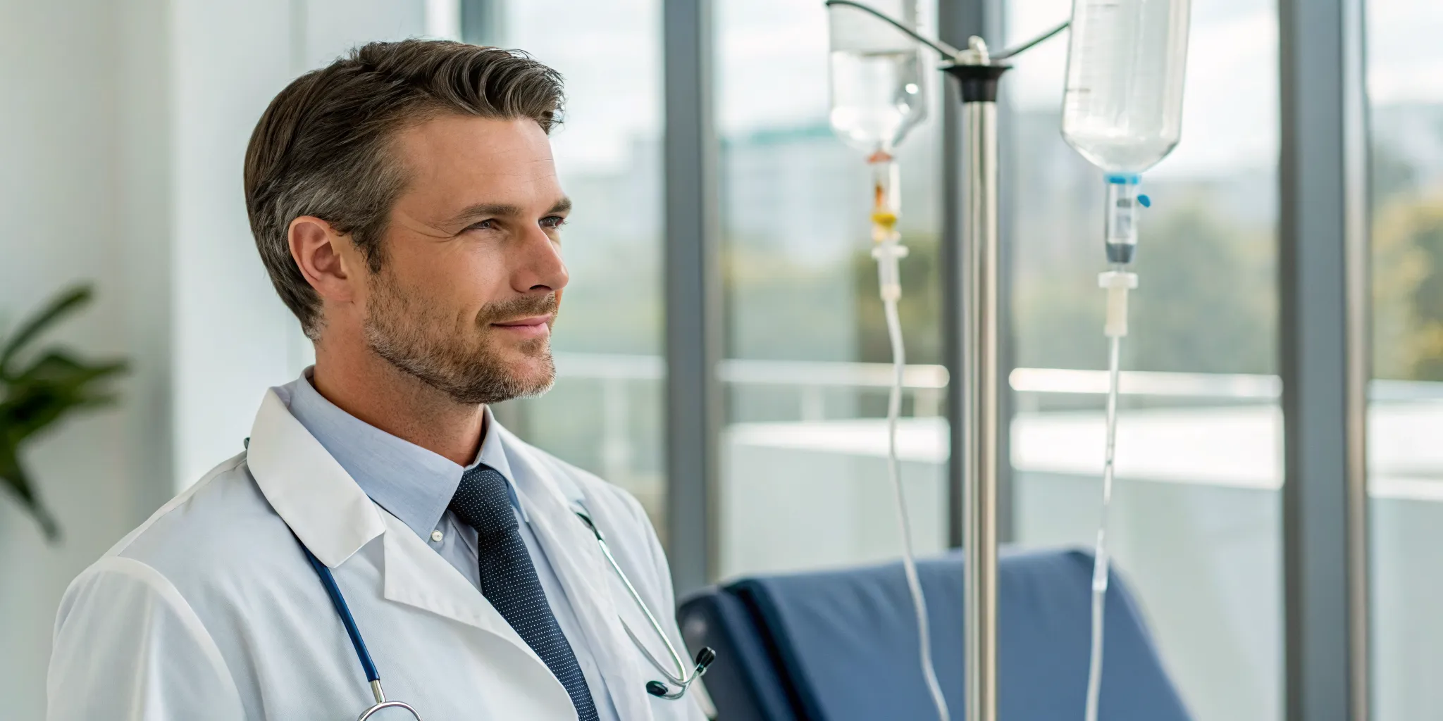 iv-vitamin-therapy-benefits-the-real-story-742305 A doctor oversees an IV drip delivering the benefits of vitamin therapy.