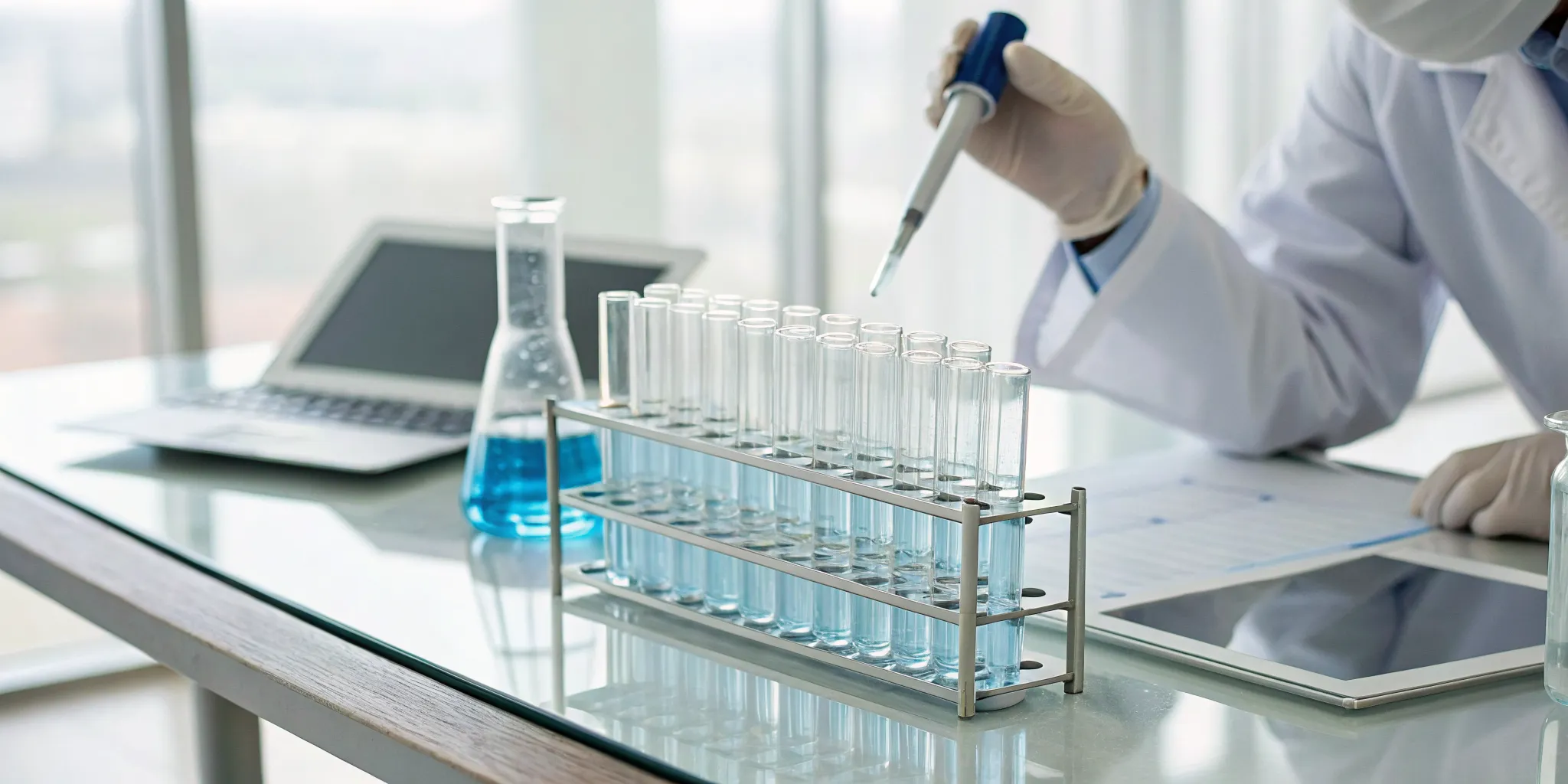 peptide-therapy-reviews-is-it-worth-the-hype-517681 Scientist reviews peptide therapy research on a tablet in a medical lab.