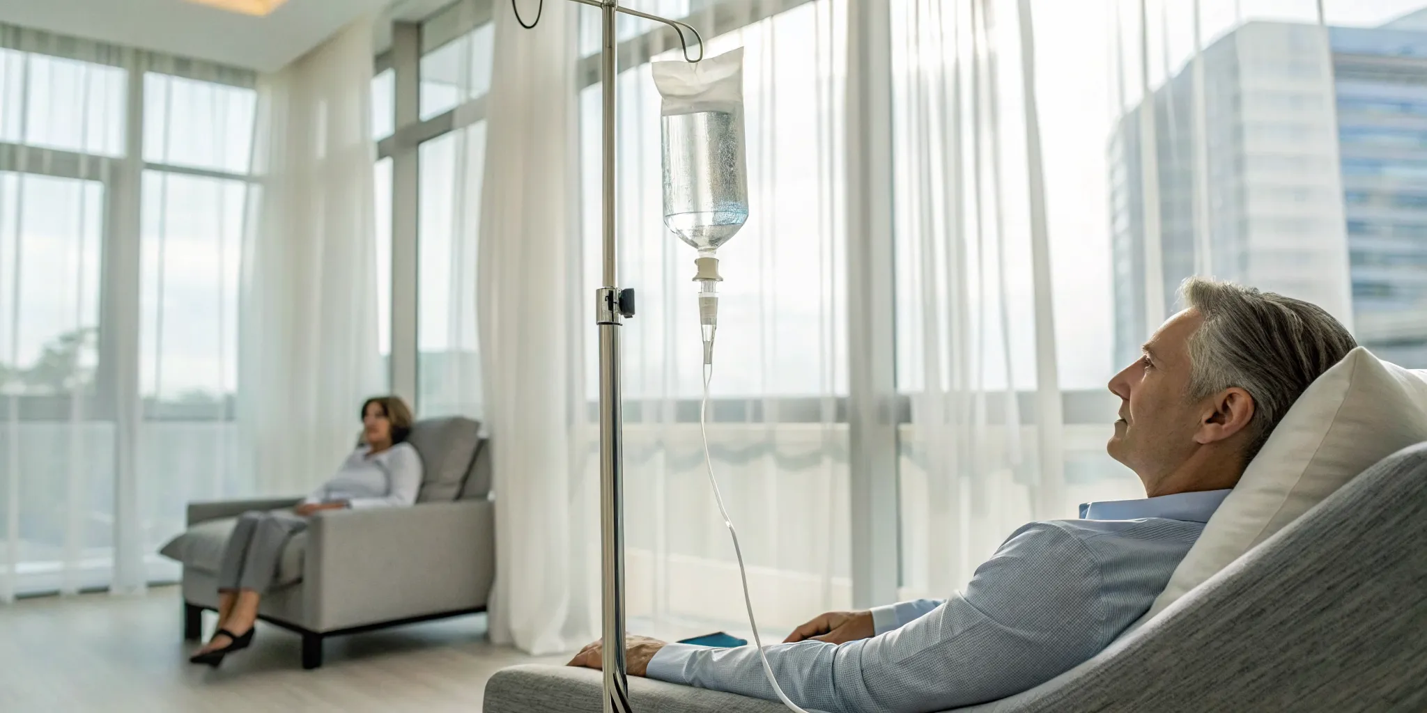 the-real-iv-hydration-therapy-benefits-explained-460141 Patient relaxing while receiving the benefits of an IV hydration therapy drip.