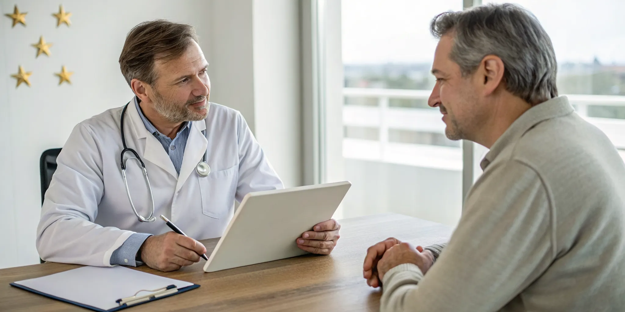 trt-reviews-what-to-know-before-you-start-643986 Doctor and patient reviewing TRT options before starting treatment.