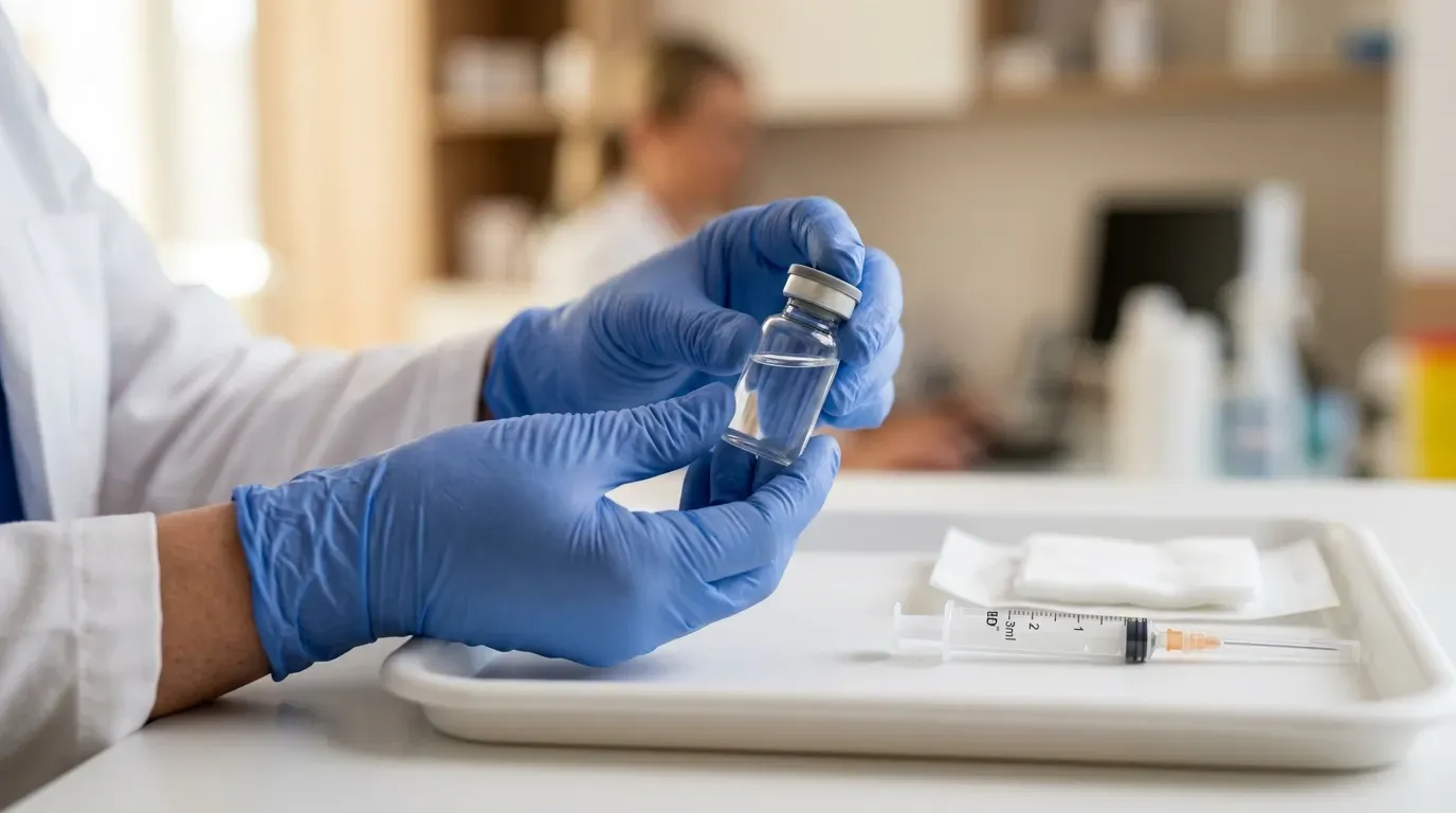 bpc157-featured-110764 Medical professional holding a clear vial of peptide therapy solution in a modern clinical setting