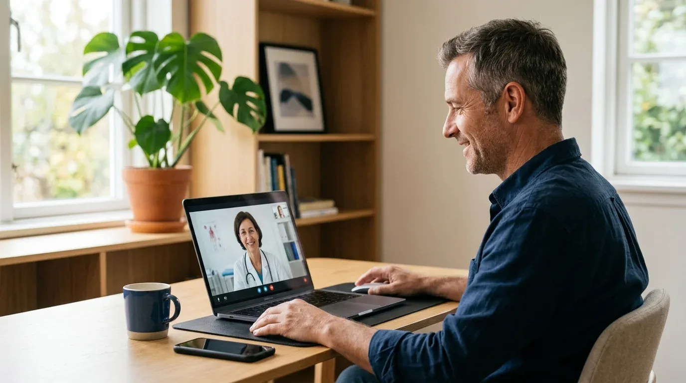 featured-image-979534 Man having a telehealth video consultation with a doctor about testosterone therapy on his laptop in a modern home office
