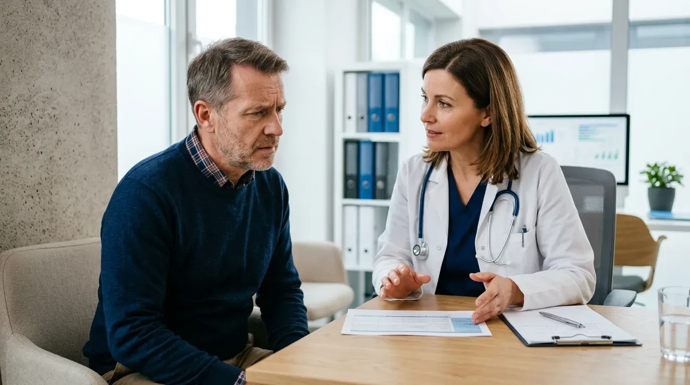 low-testosterone-weight-gain-555197 Man consulting with doctor about low testosterone and weight management in a modern medical clinic