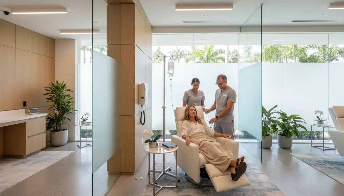 nad-iv-therapy-benefits-for-anti-aging-in-boca-raton-175000 NAD+ IV therapy session at a medical wellness clinic in Boca Raton