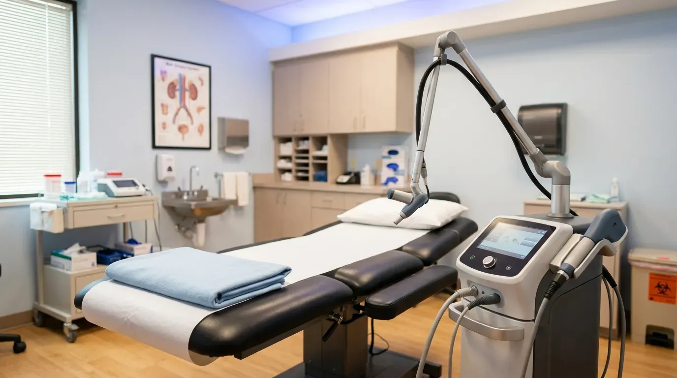 shockwave-therapy-for-erectile-dysfunction-404069-290971 Modern shockwave therapy treatment room with professional medical device at VidaVital Medical clinic