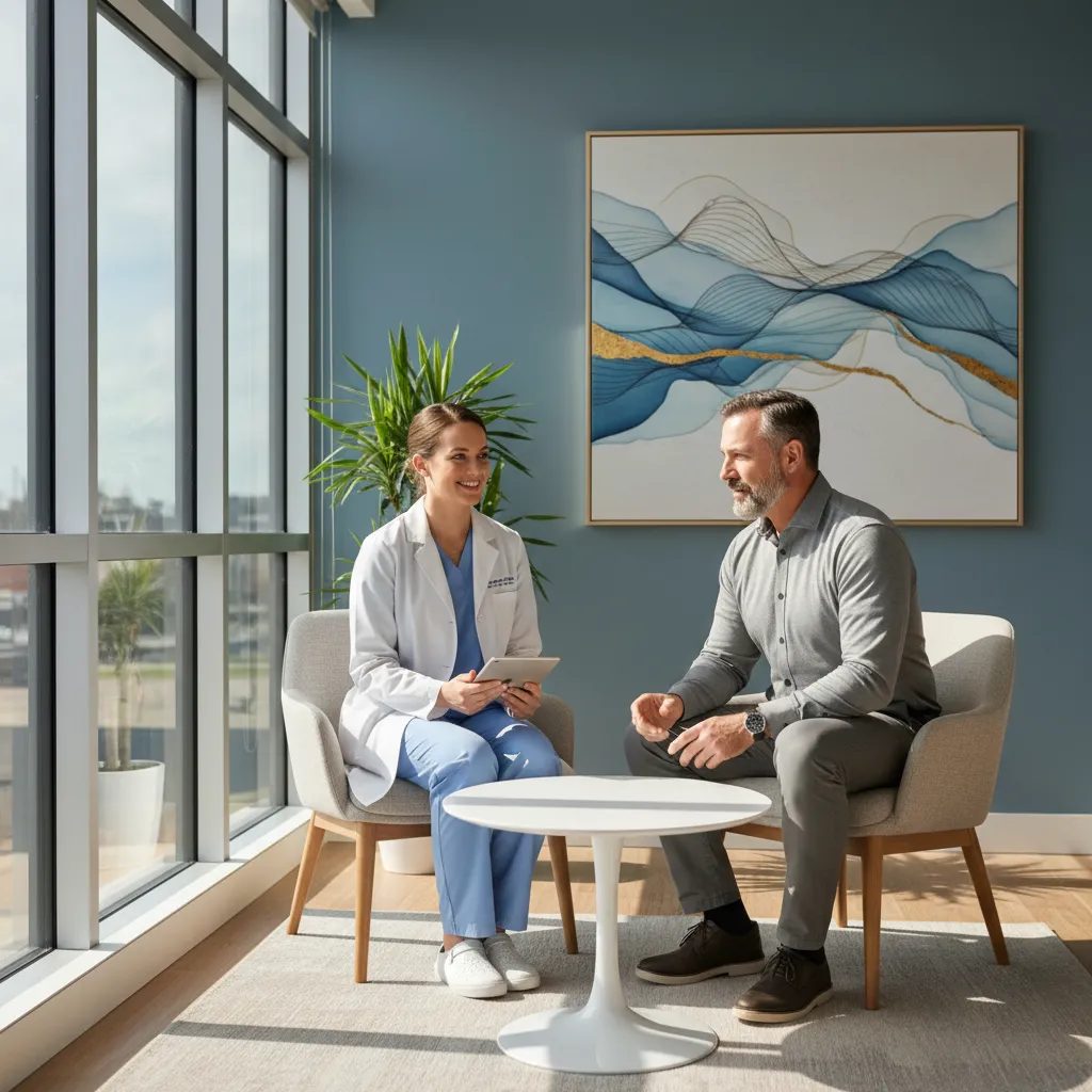 signs-of-low-testosterone-in-men-and-when-to-seek-treatment-602147 Man consulting with a doctor about signs of low testosterone