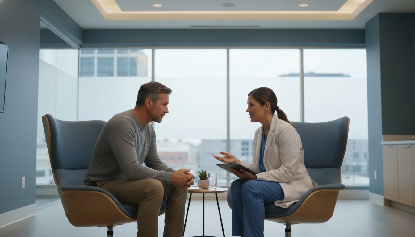 erectile-dysfunction-and-diabetes-when-to-talk-813576 Patient discussing erectile dysfunction and diabetes with a medical provider