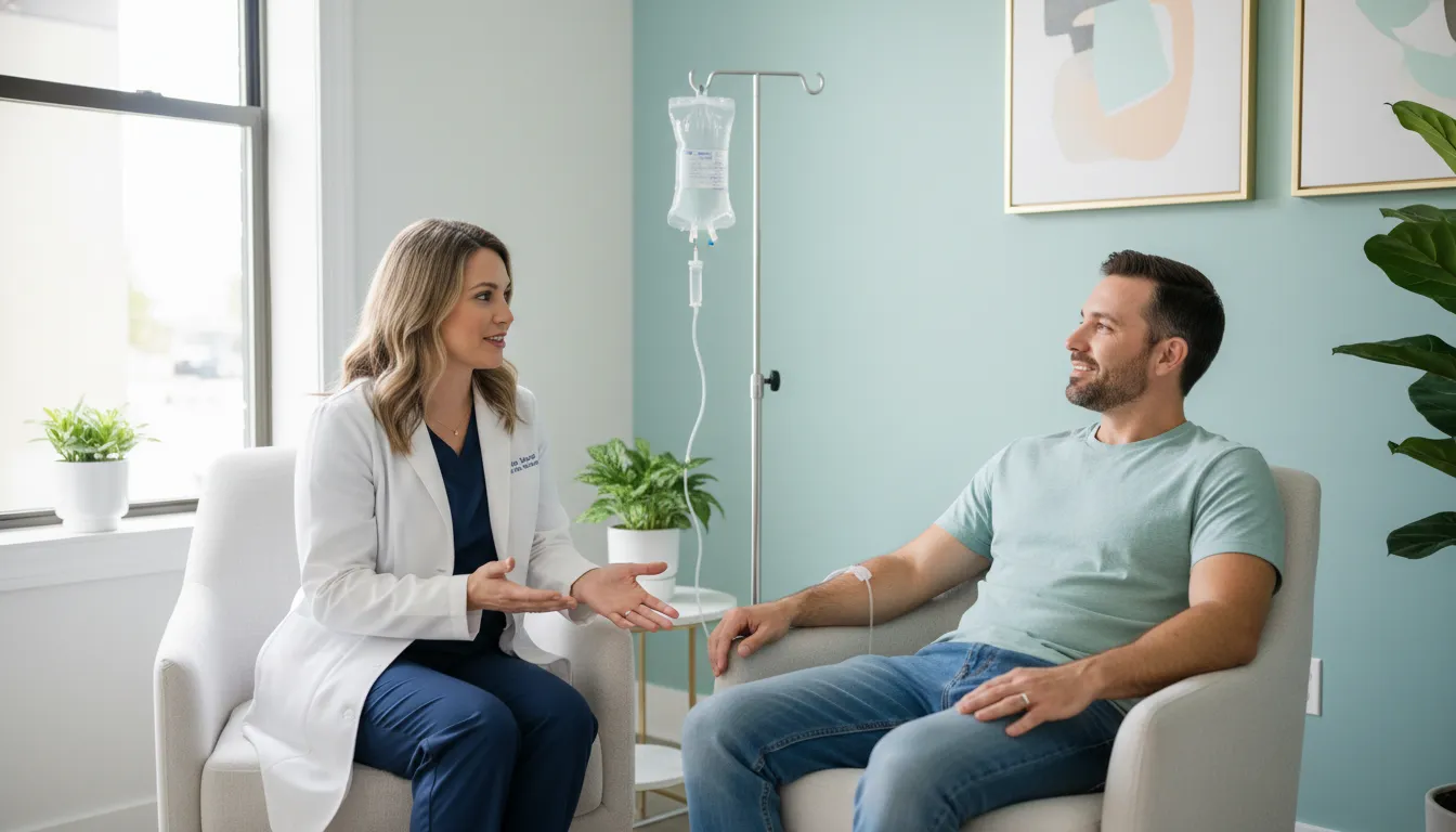 iv-therapy-benefits-hydration-energy-and-safety-833251 Clinician explaining IV therapy benefits and hydration support to a patient